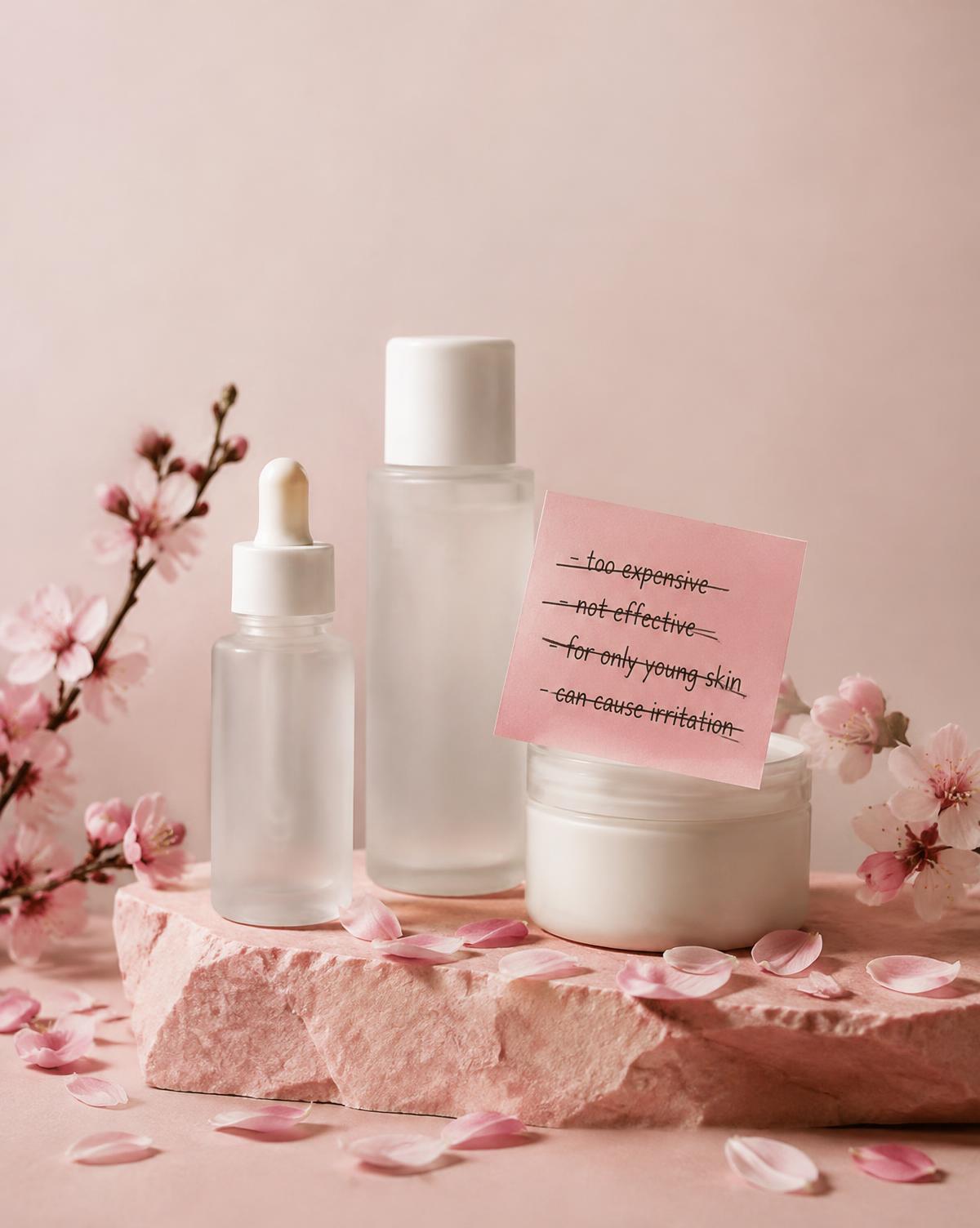 Skincare bottles beside a pink note with crossed-out claims