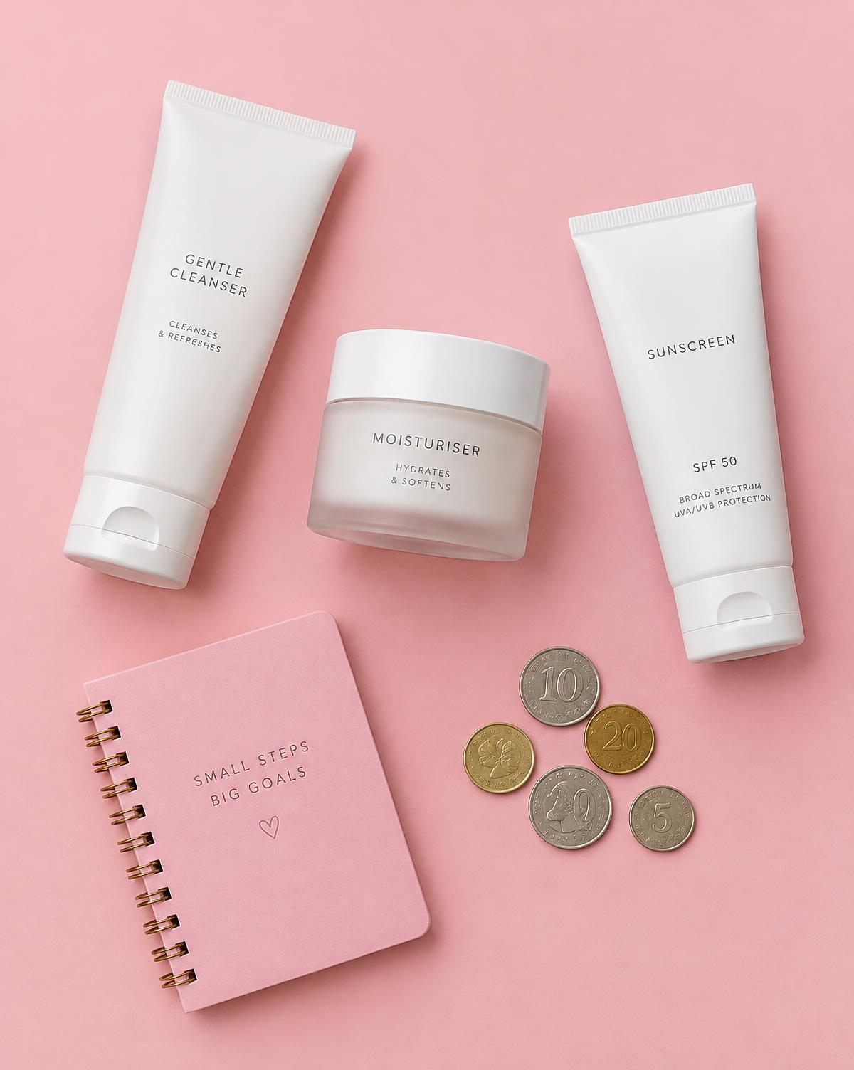 Cleanser, moisturiser and sunscreen beside coins and a pink notebook