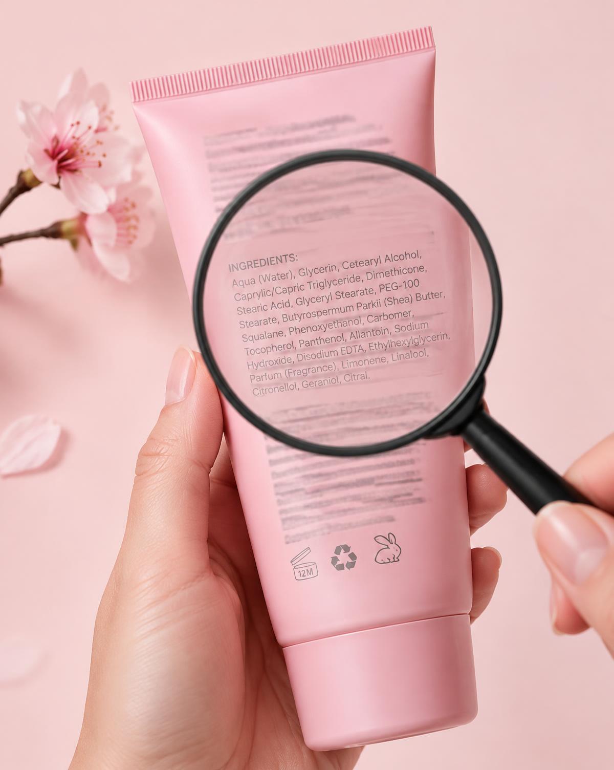 Hand holding a pink tube with a magnifying glass over its ingredient list