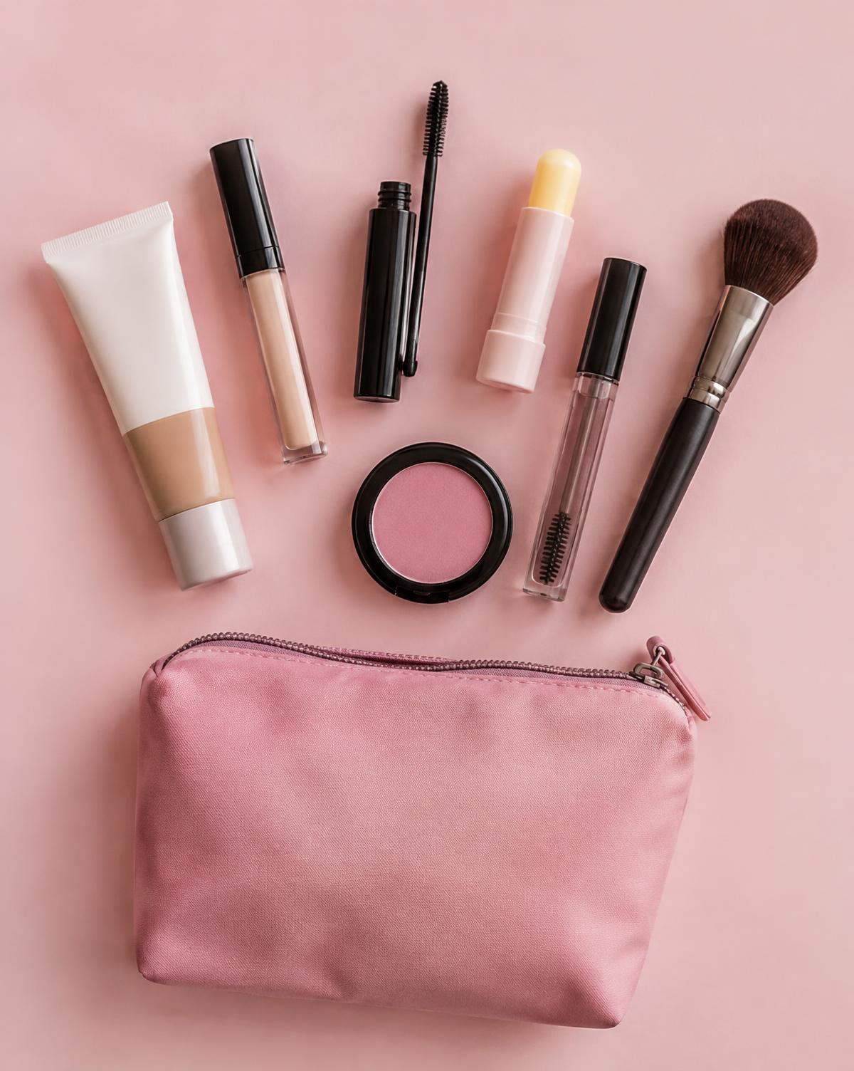 Pink makeup bag with seven essential products laid out