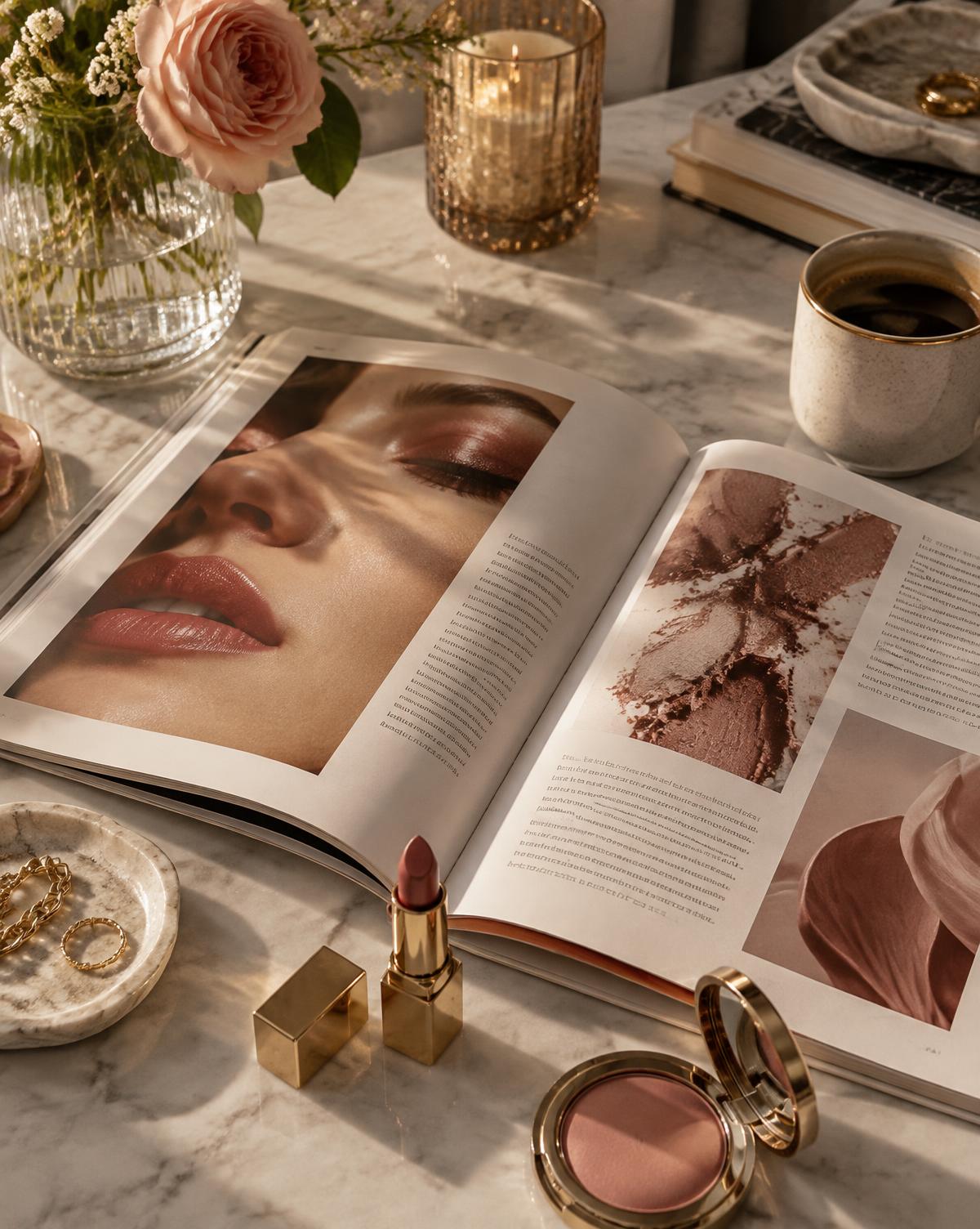 Open beauty magazine with lipstick and blush on a marble table