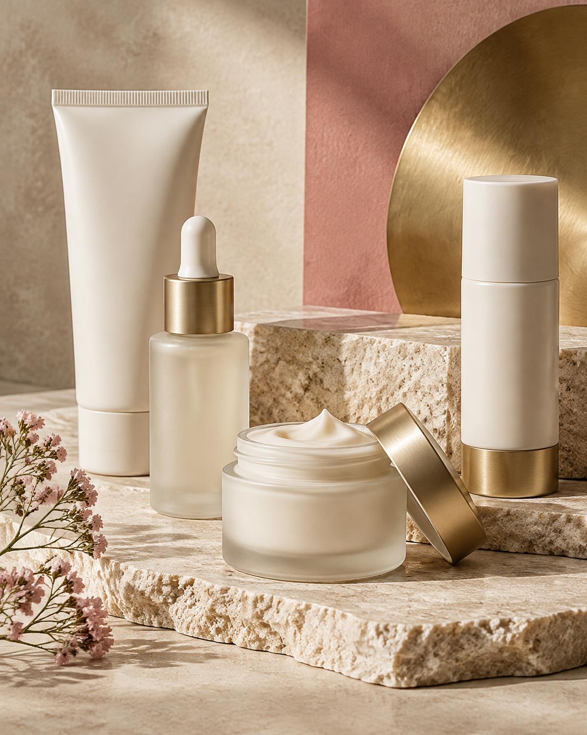 Unbranded skincare products arranged on stone with rose and gold accents