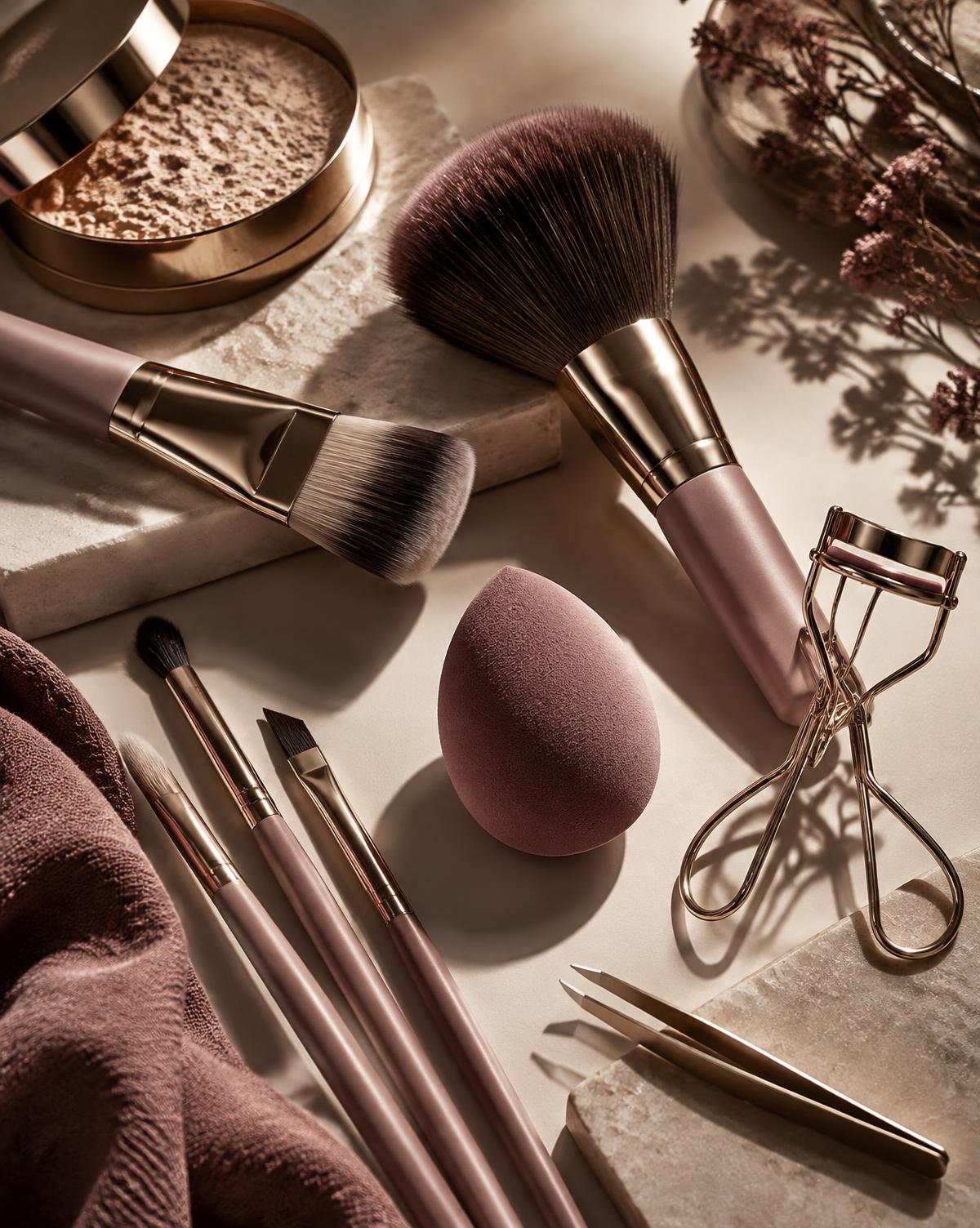 Professional makeup brushes, sponge, eyelash curler and tweezers in warm light