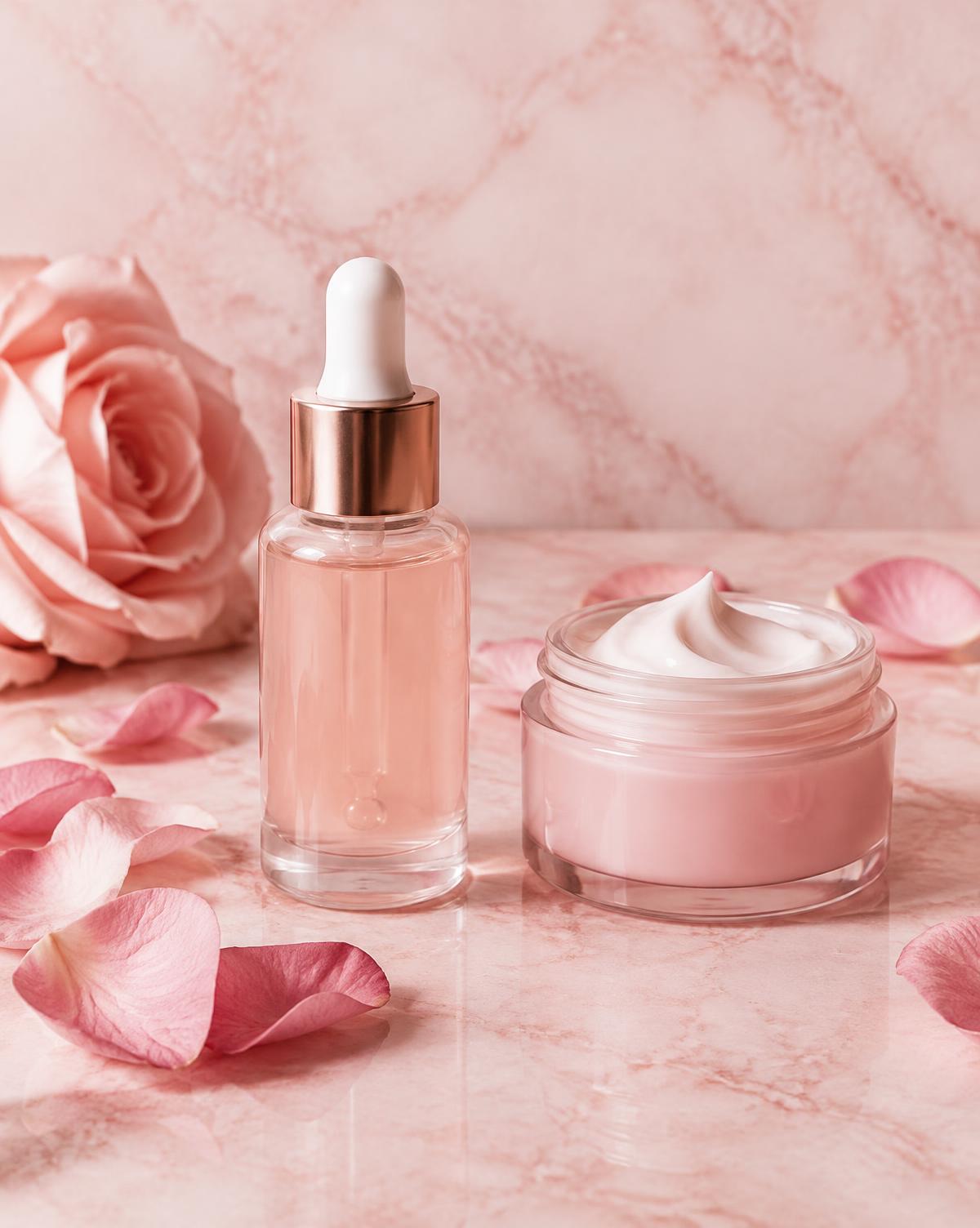 Unbranded serum dropper and cream jar with rose petals on pink marble