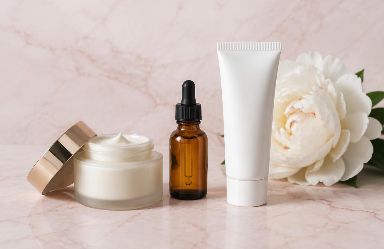 Night cream, retinol dropper and sunscreen