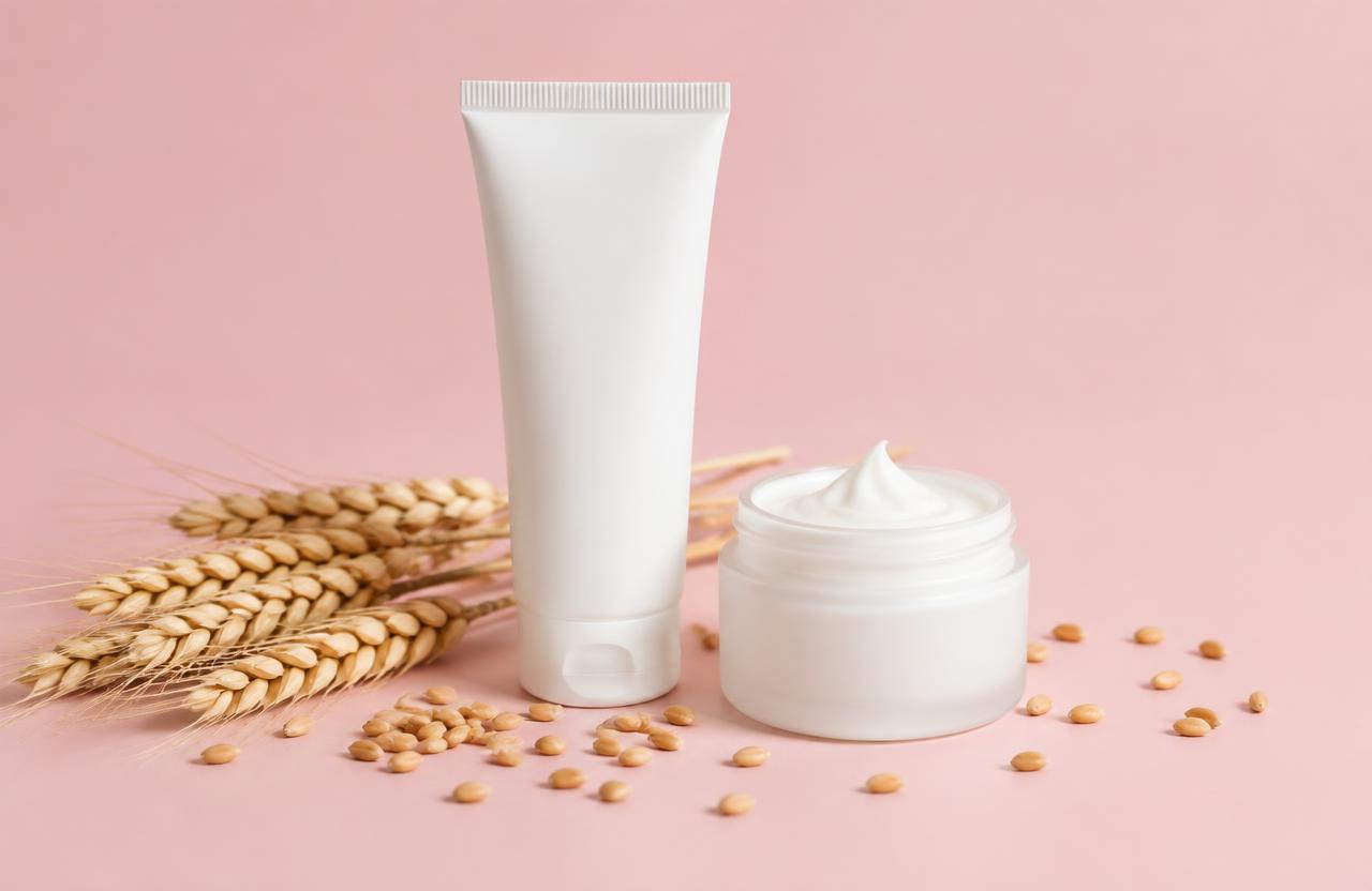 Cream tube and jar with wheat on pink