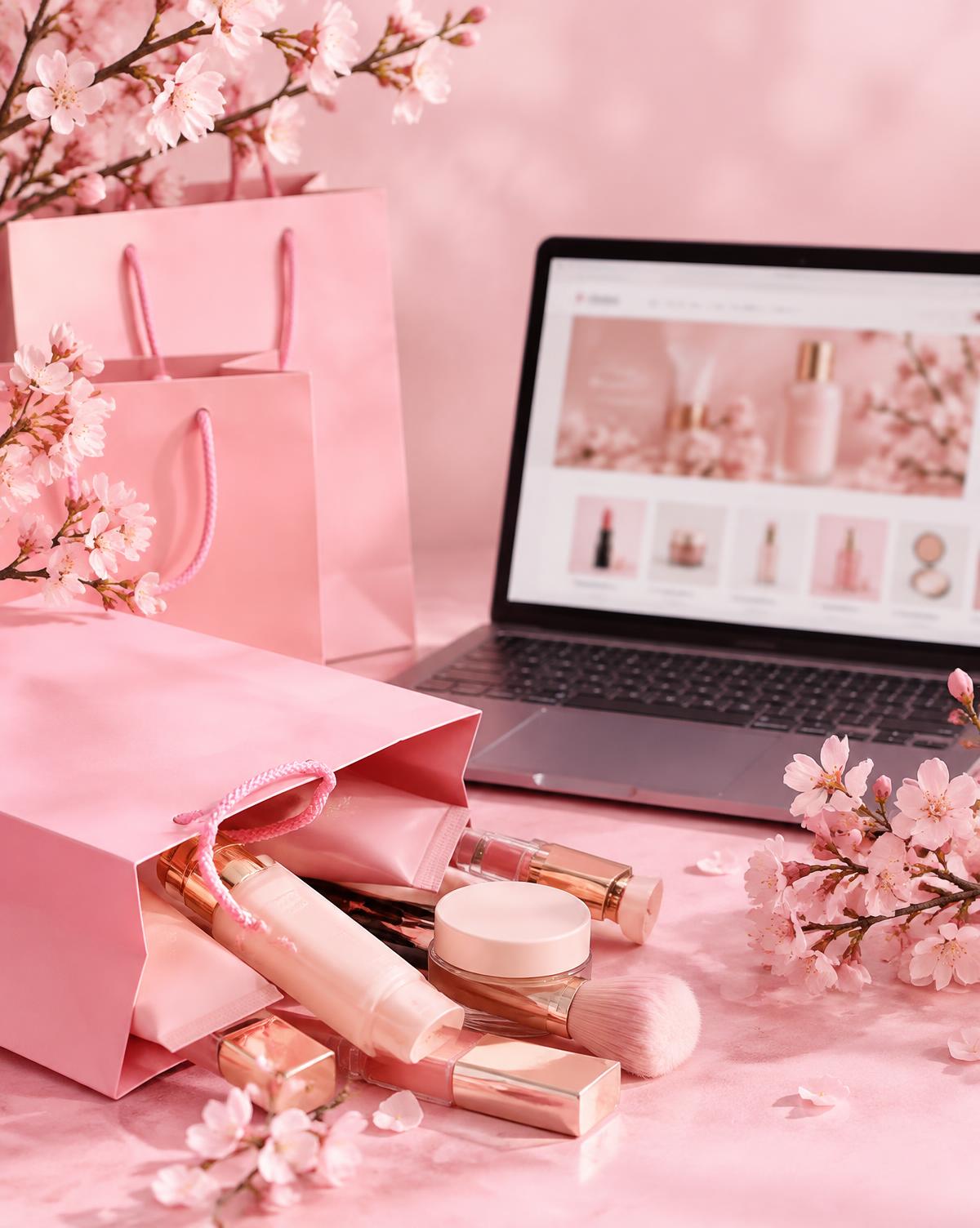 Pink shopping bags and cosmetics beside a laptop