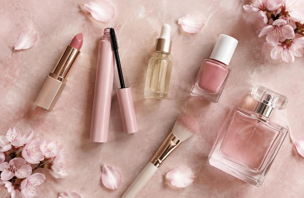 Lipstick, mascara, polish and perfume flat lay