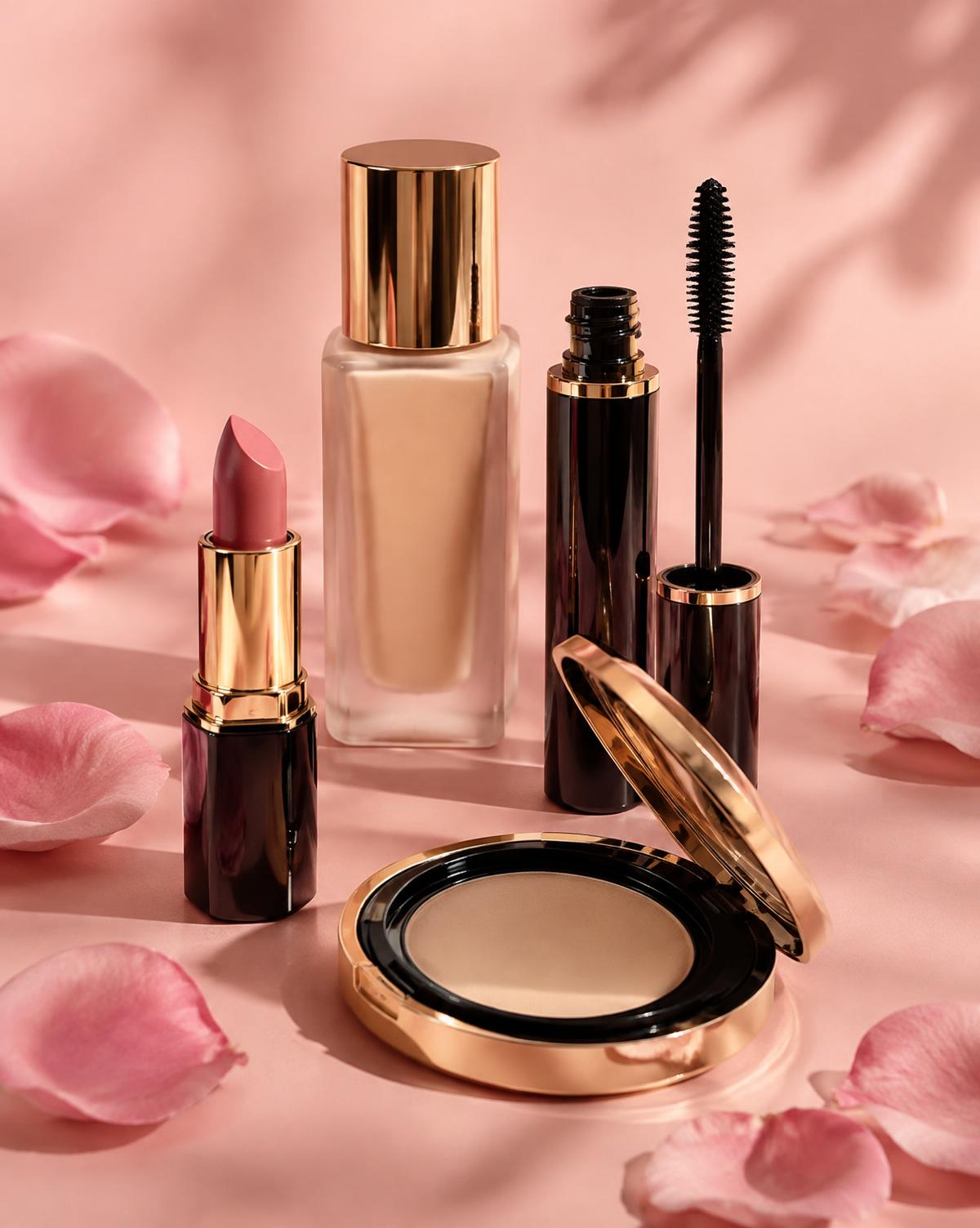 Lipstick, foundation, mascara and compact