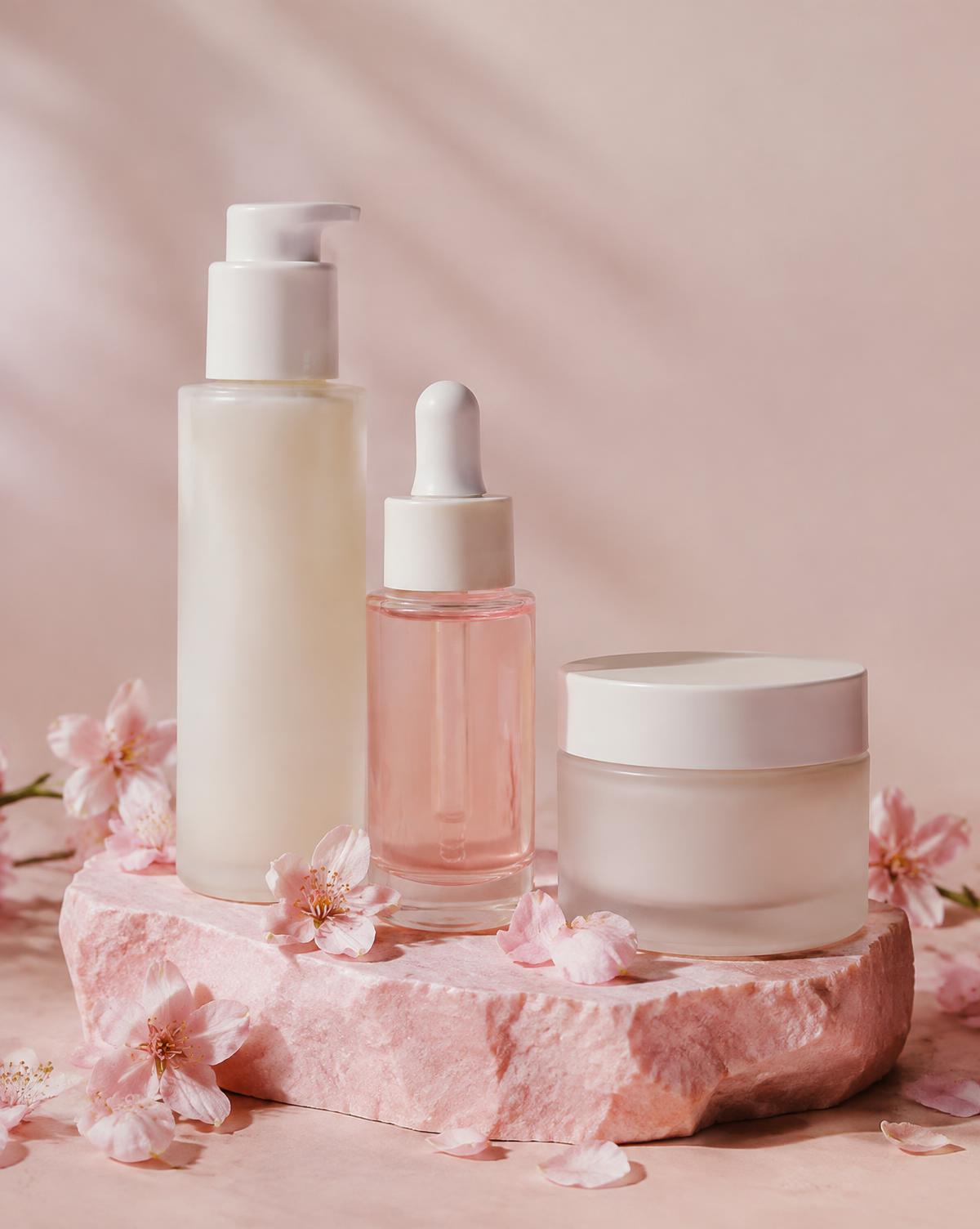 Unbranded skincare bottles on pink stone