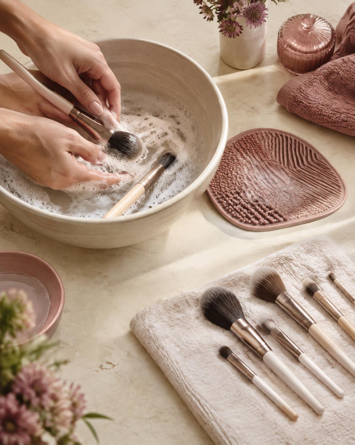 Makeup brushes being washed and dried on a towel