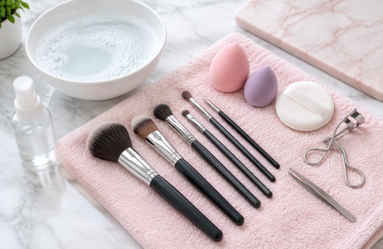 Clean brushes, sponges and curler drying on a pink towel