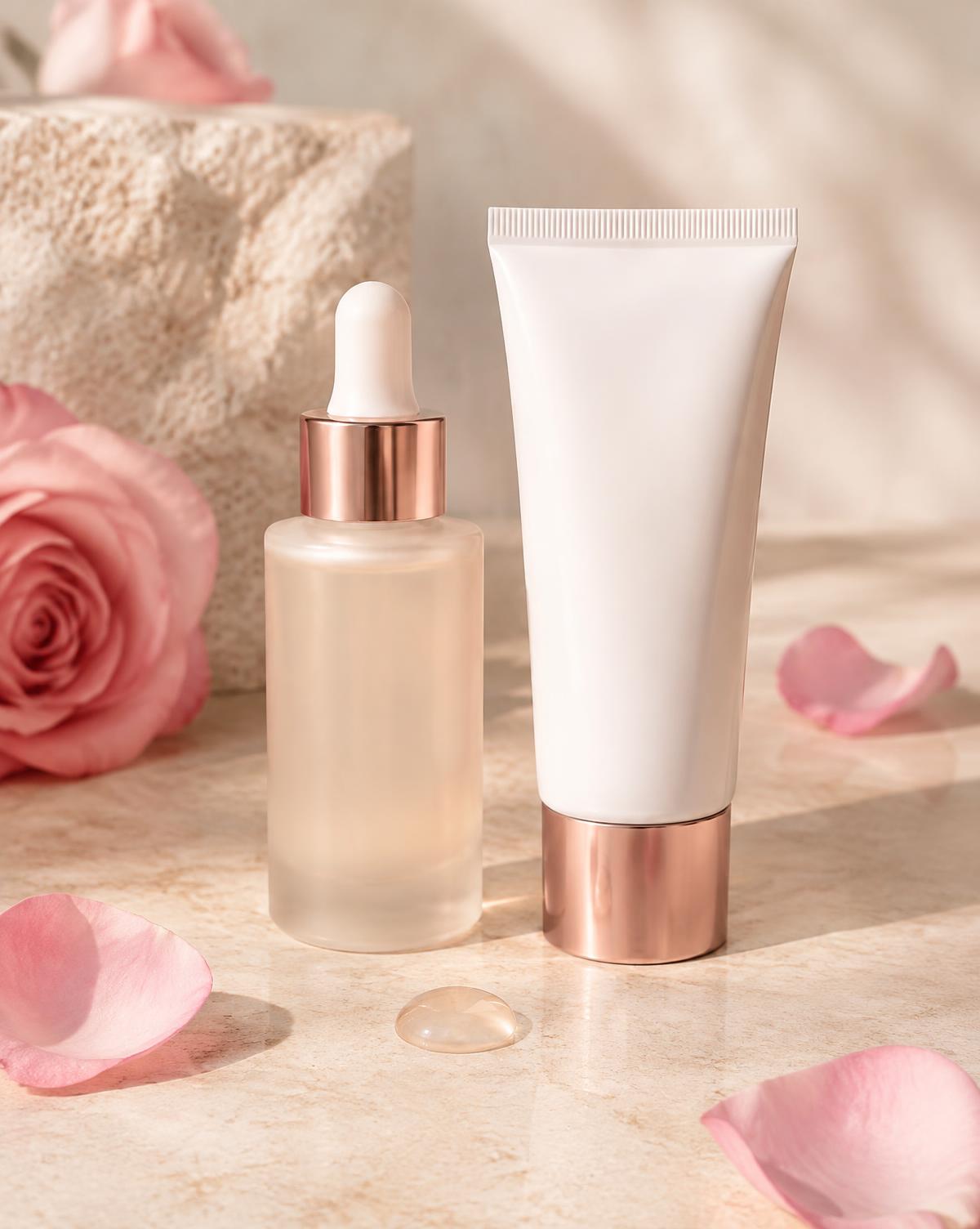 Serum bottle and sunscreen tube with rose petals