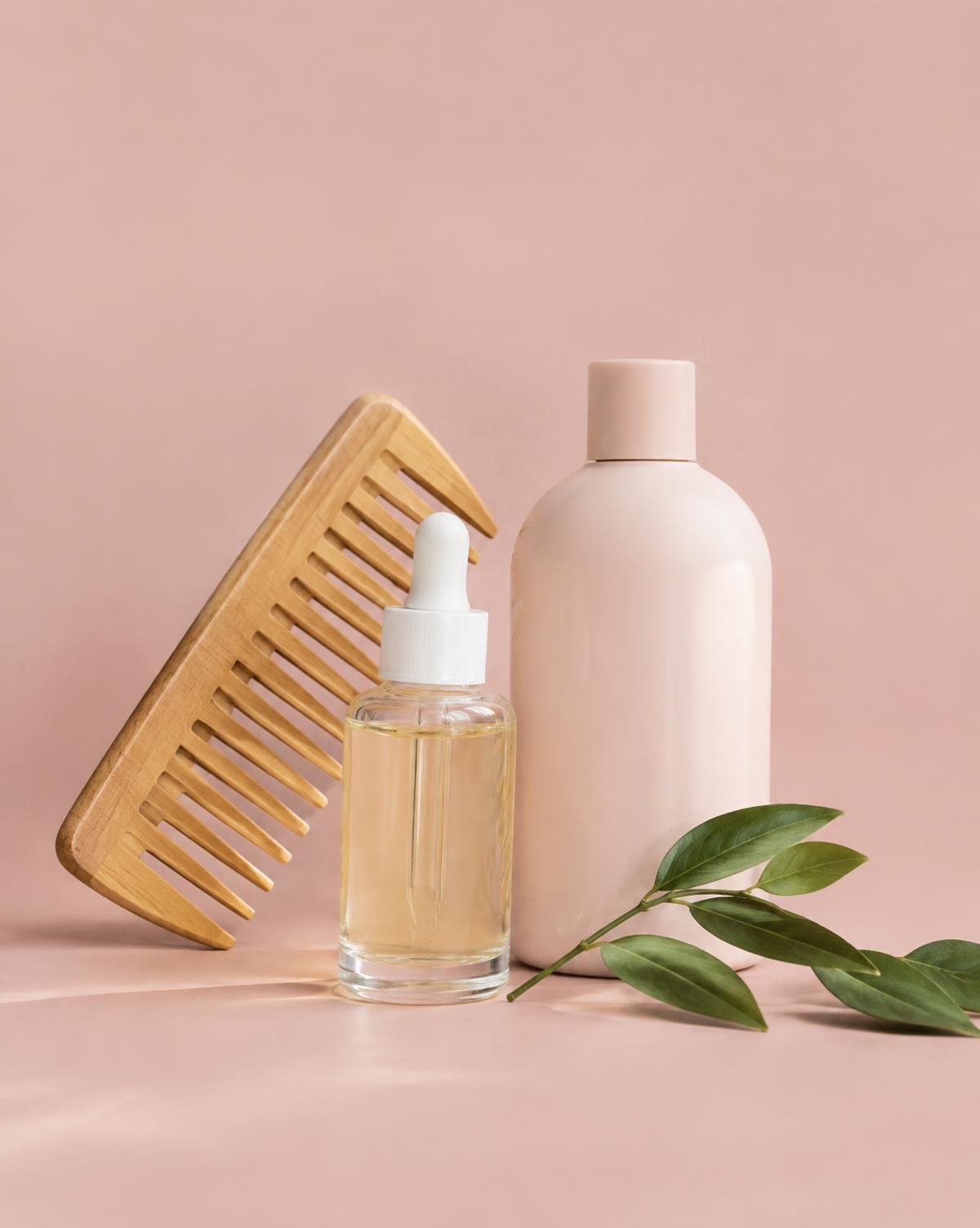 Wooden comb, scalp serum dropper and shampoo bottle on pink