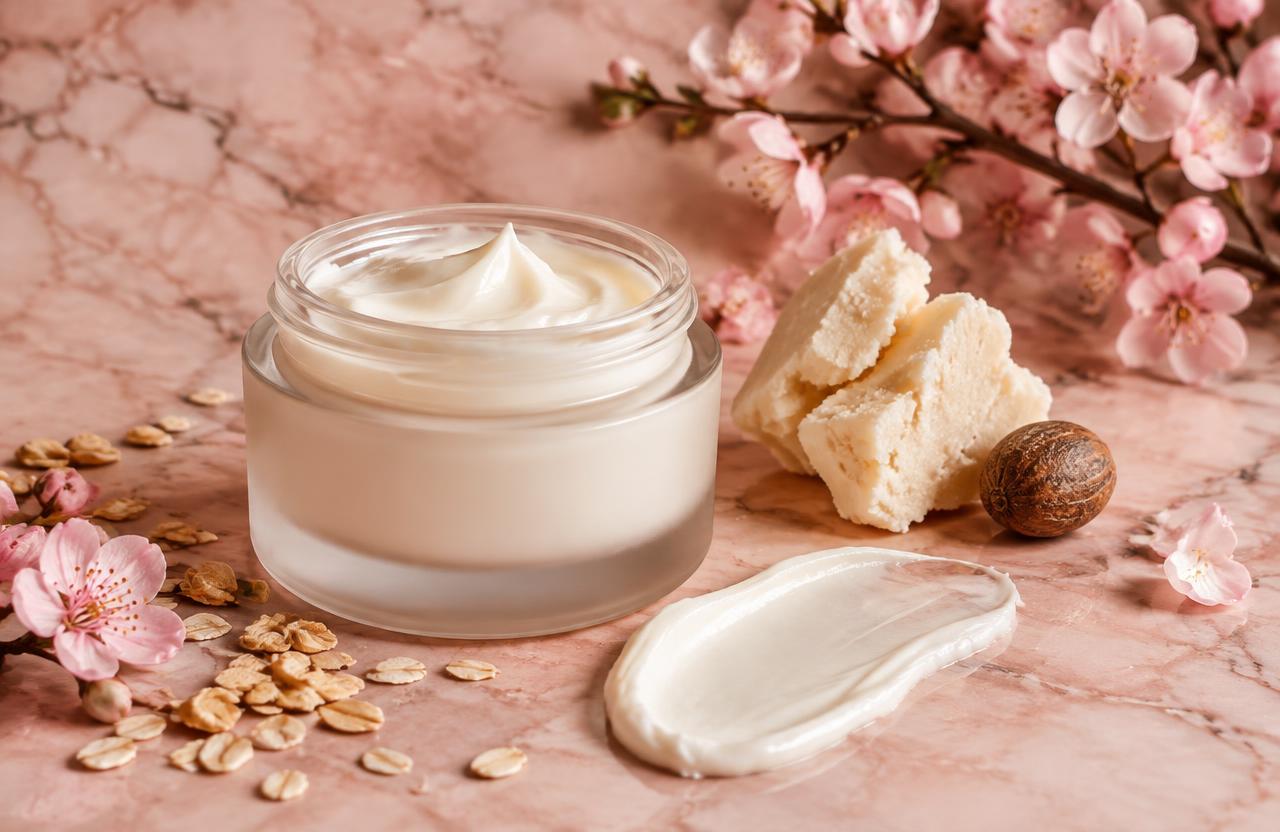 Rich cream jar with shea butter and oats on pink marble