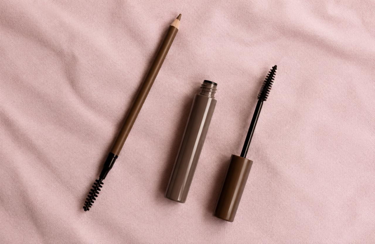 Brow pencil, spoolie and brow gel on pink linen