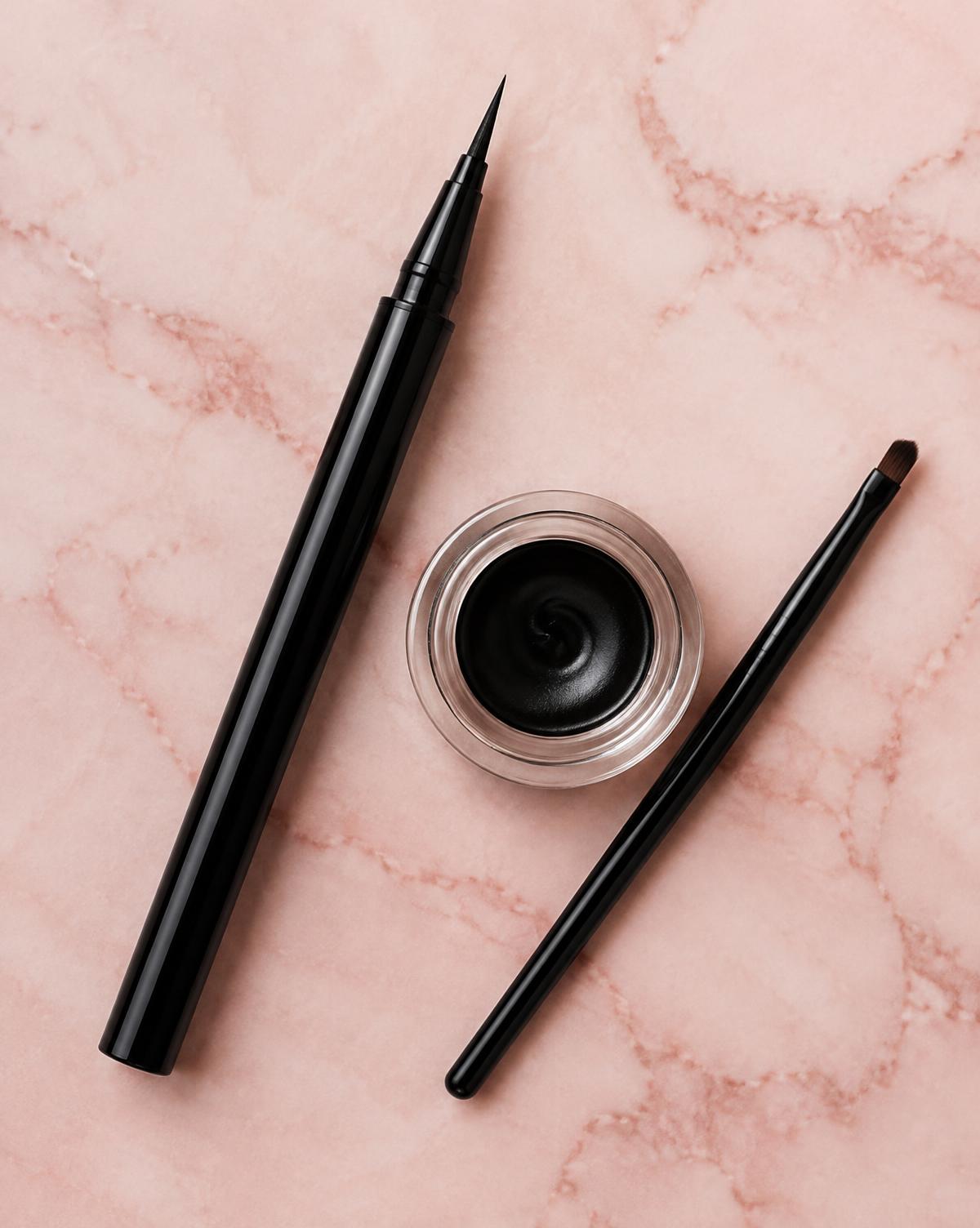 Liquid eyeliner pen, gel liner pot and angled brush