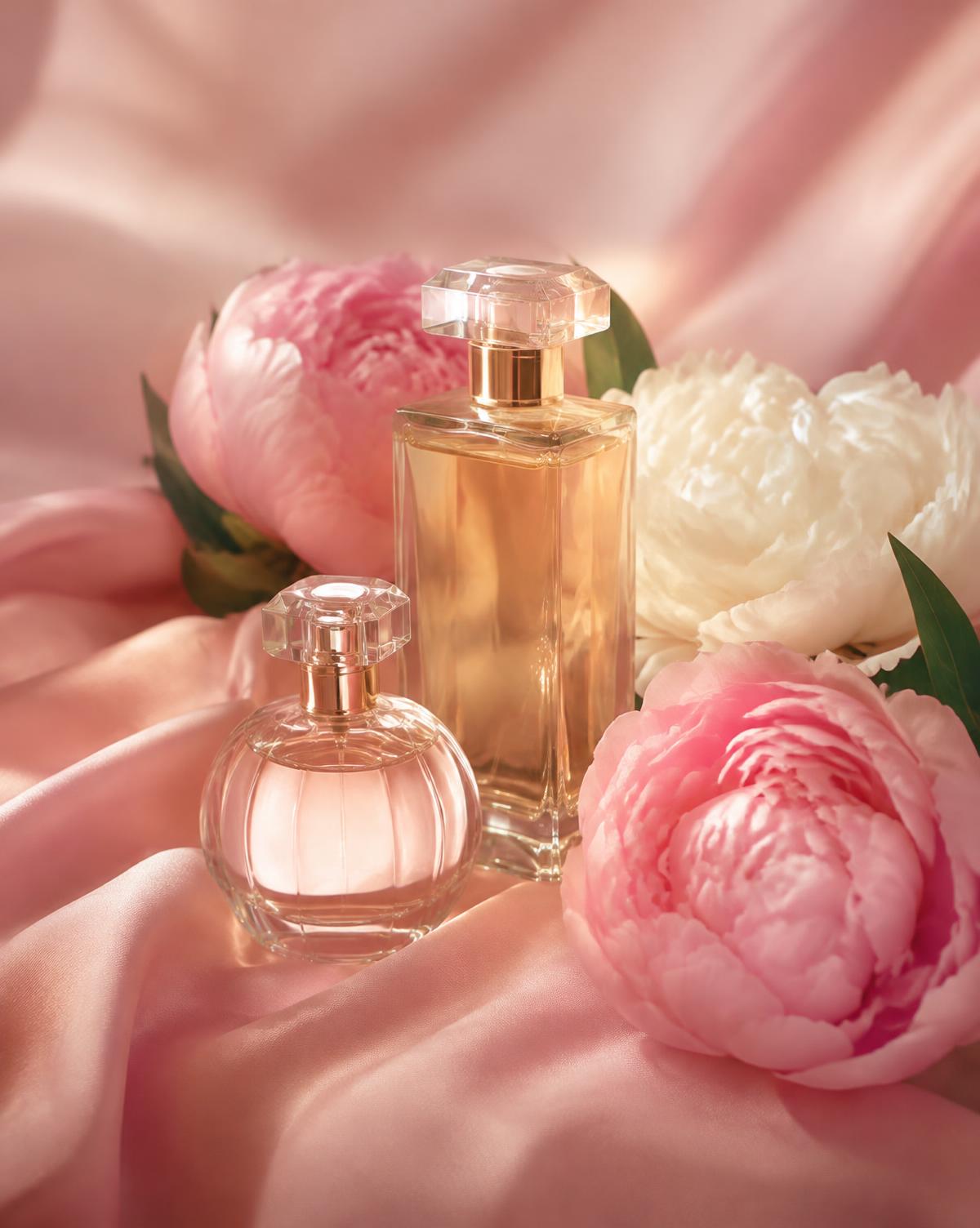 Perfume bottles with peonies