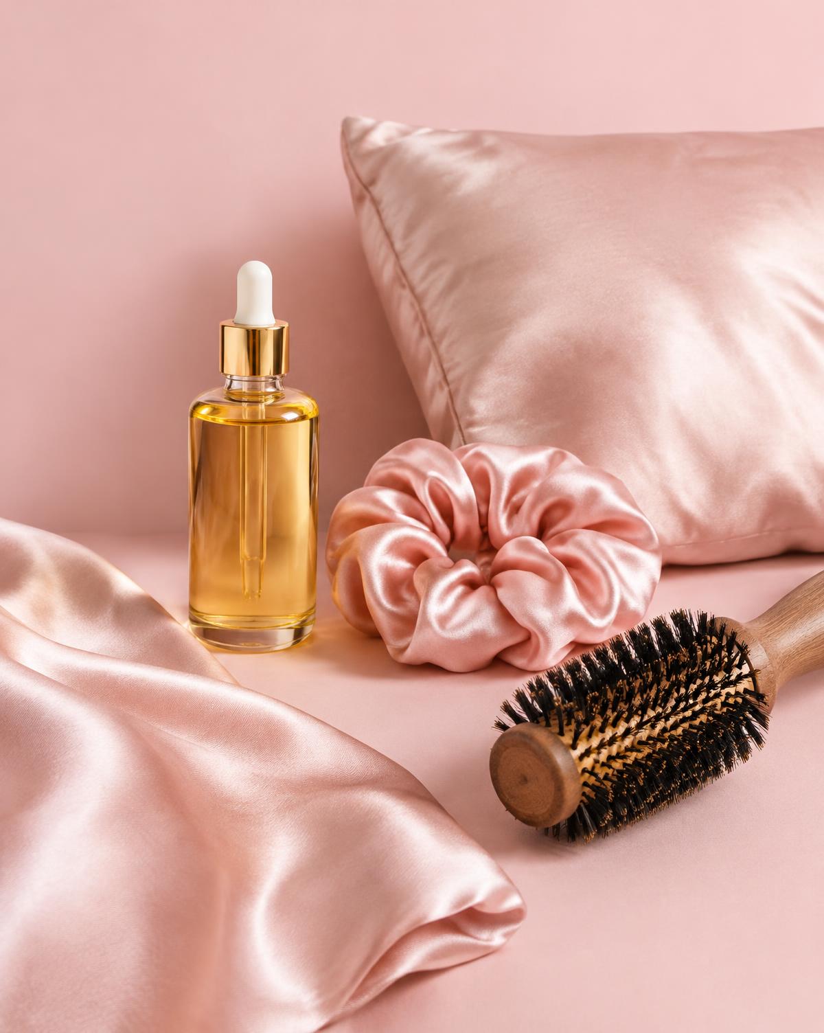 Hair oil, silk scrunchie, satin pillowcase and round brush