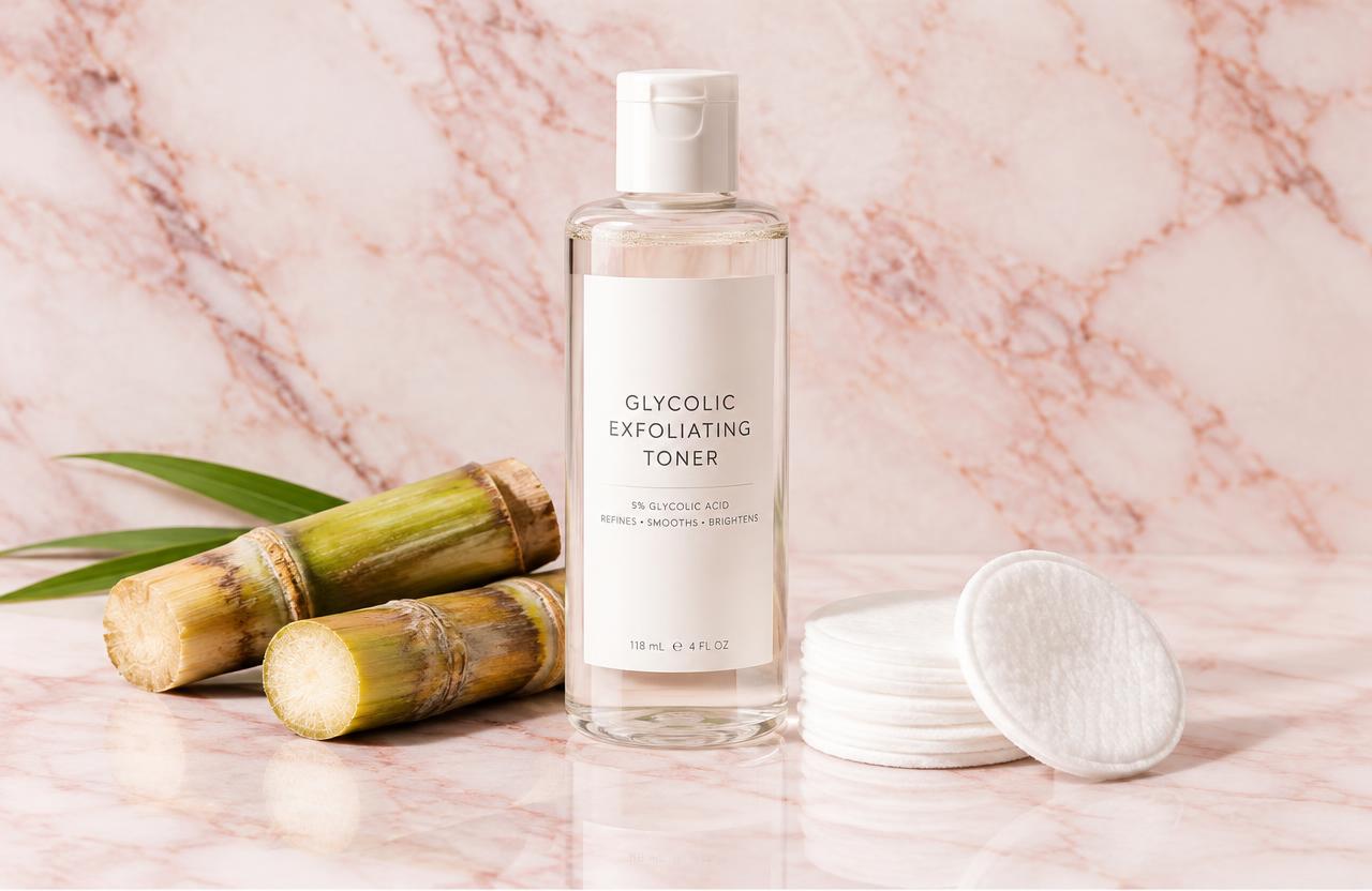 Glycolic toner with sugar cane and cotton pads