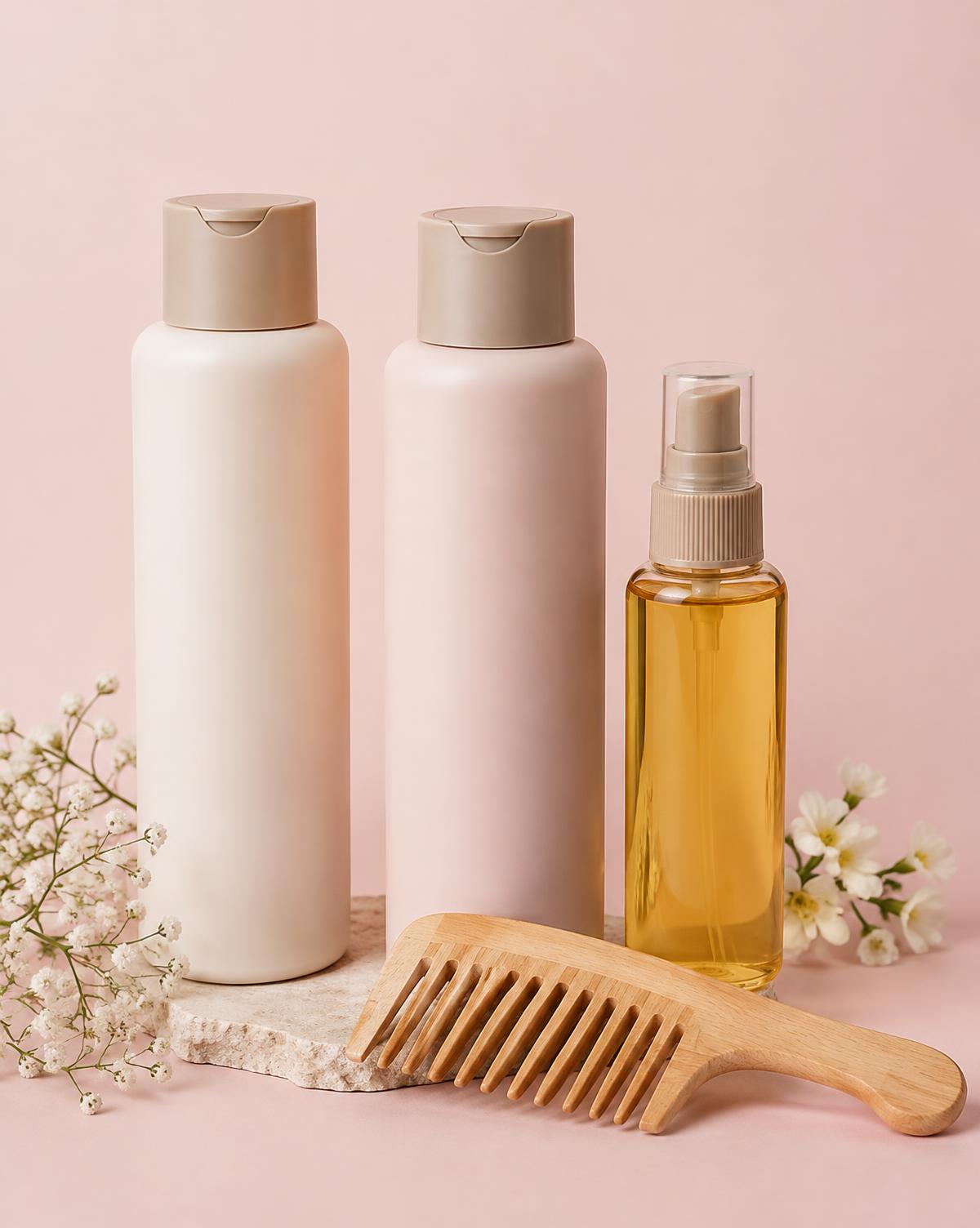 Shampoo bottles, hair oil and comb