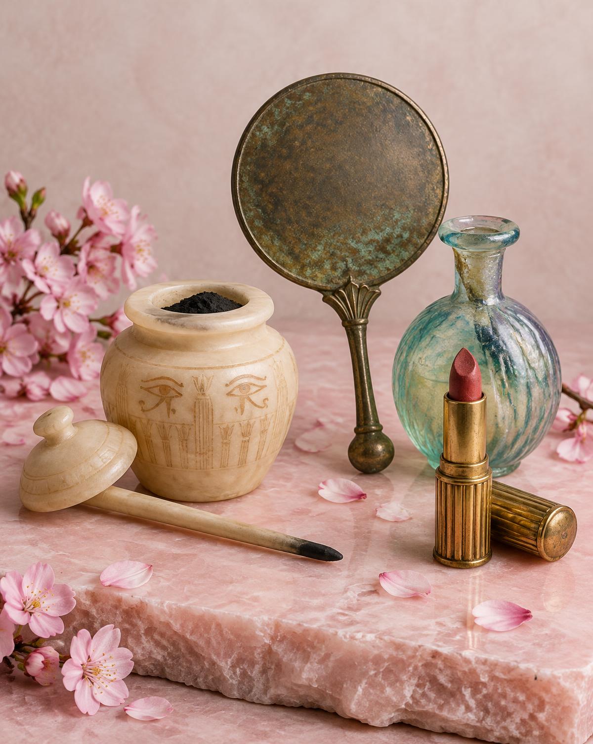 Ancient kohl jar, bronze mirror and vintage lipstick
