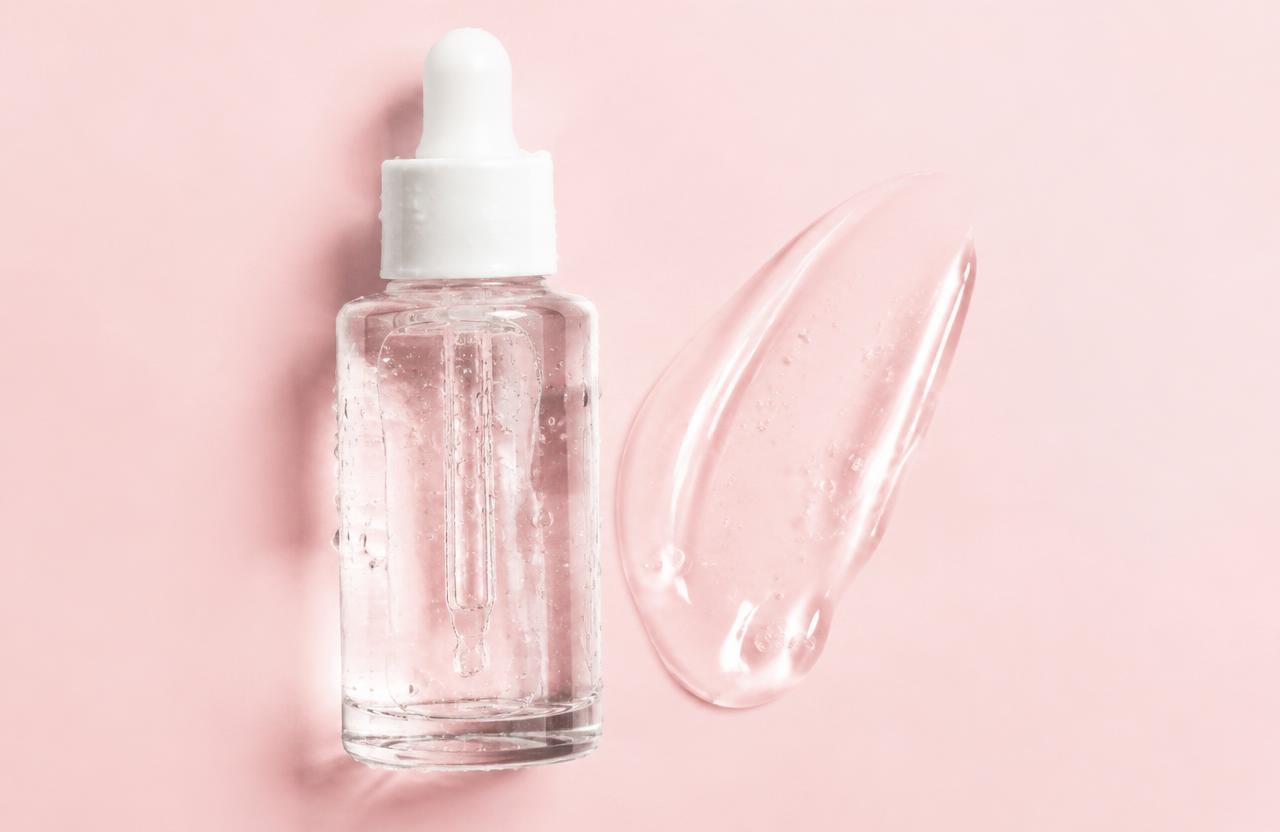 Clear serum dropper bottle with a gel swatch