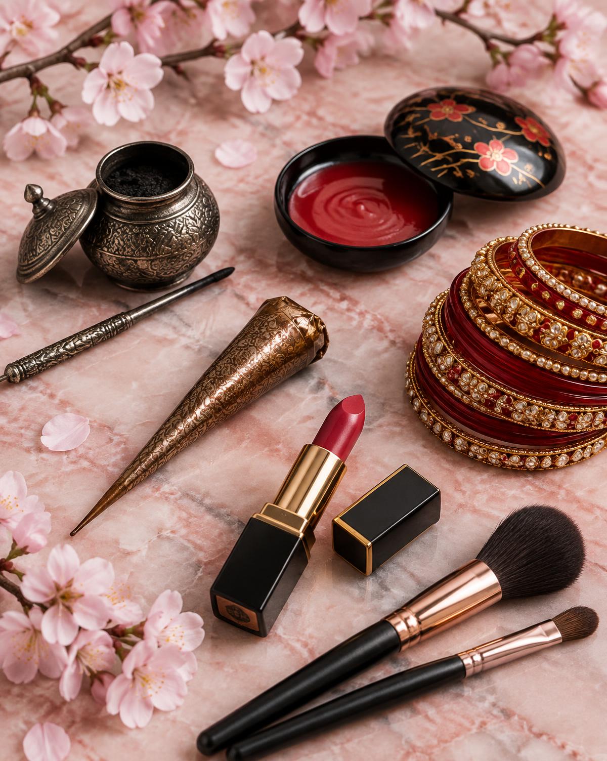 Kohl pot, lip rouge, henna cone and lipstick