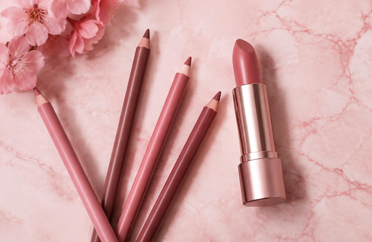 Lip liner pencils and lipstick on pink marble
