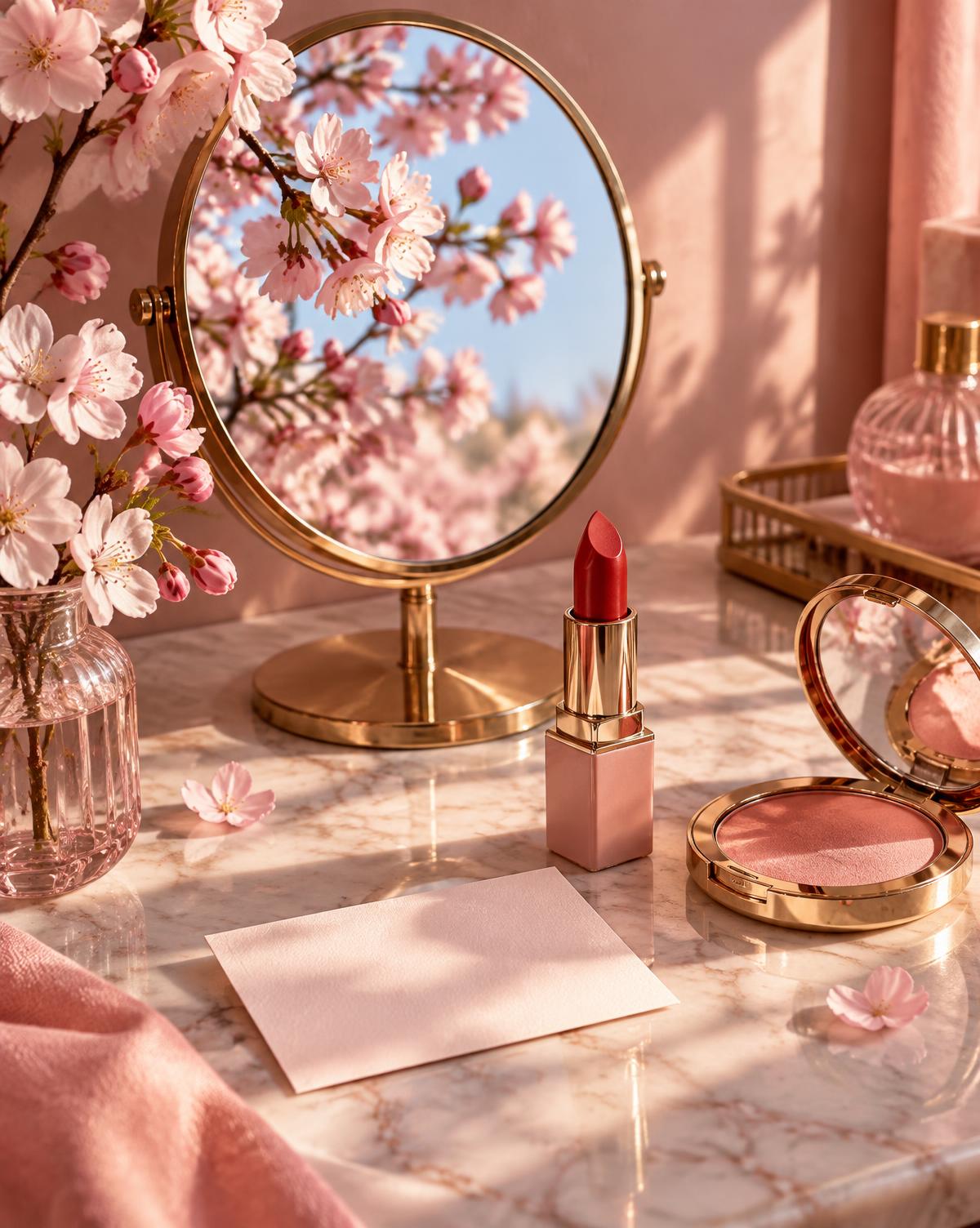 Mirror with cherry blossoms, lipstick and blush