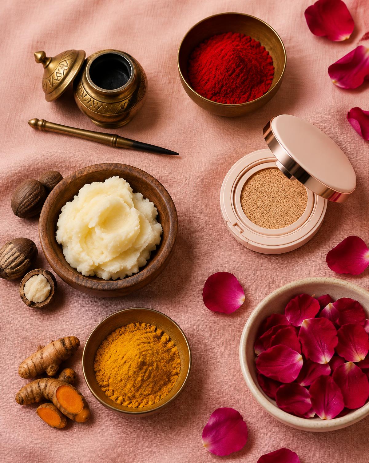 Kohl, red powder, cushion compact and shea butter