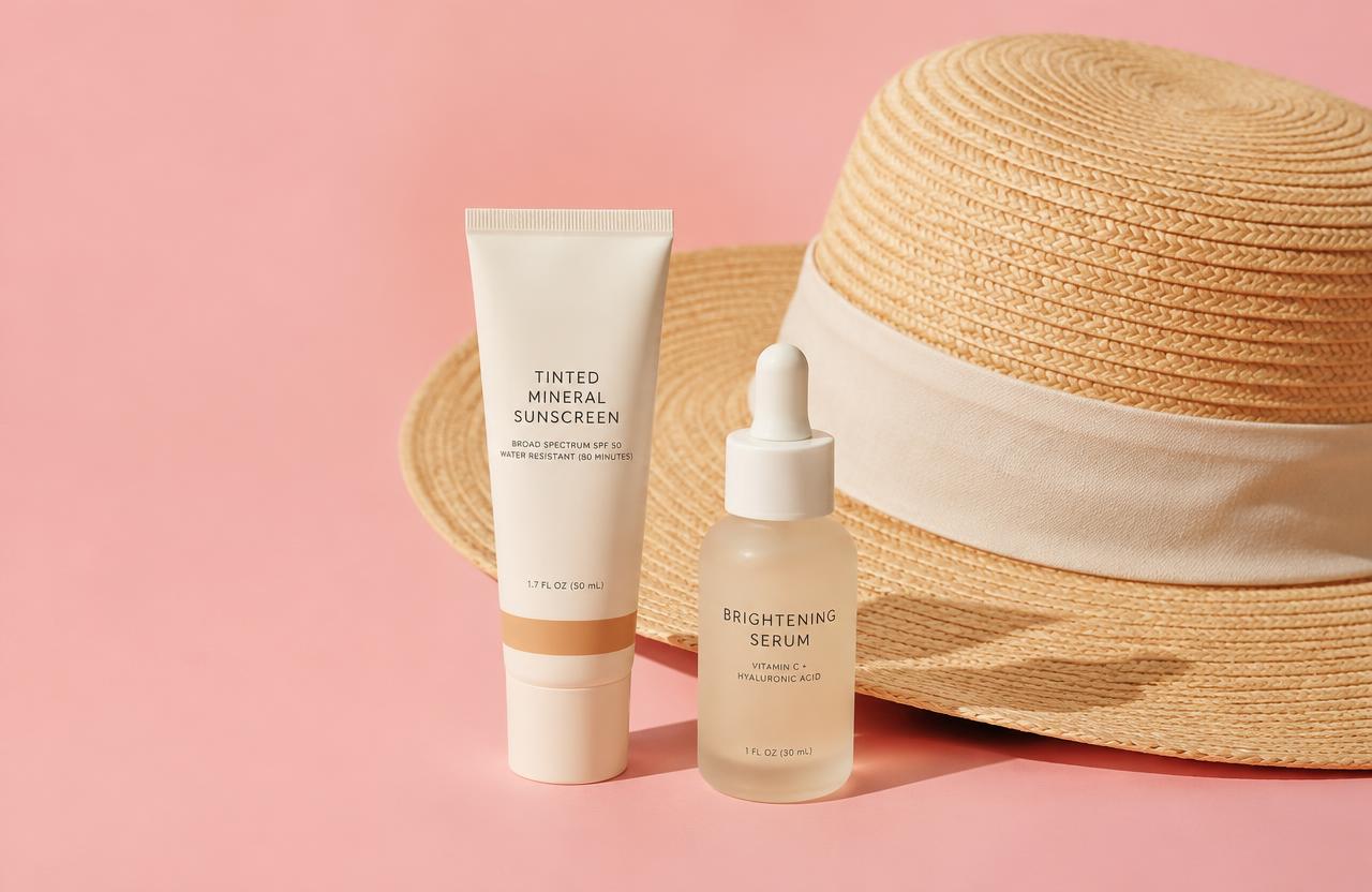 Tinted sunscreen, brightening serum and sun hat