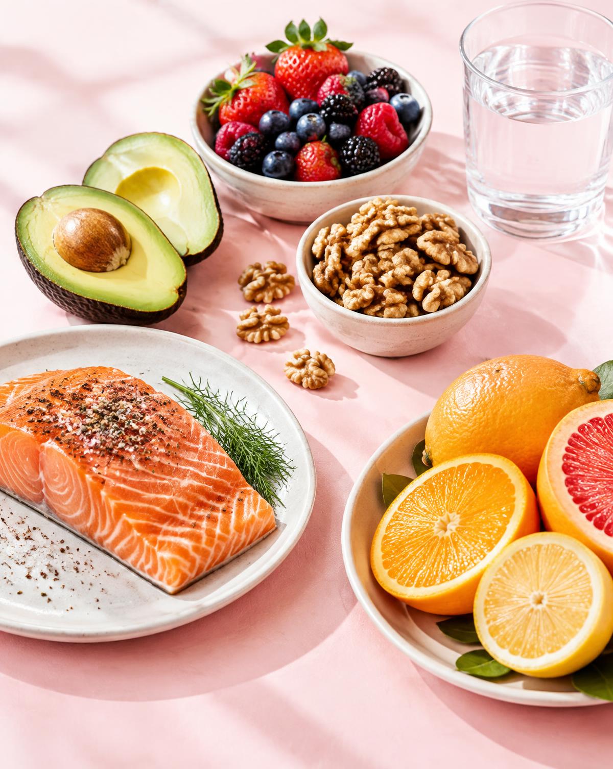 Salmon, avocado, berries and citrus