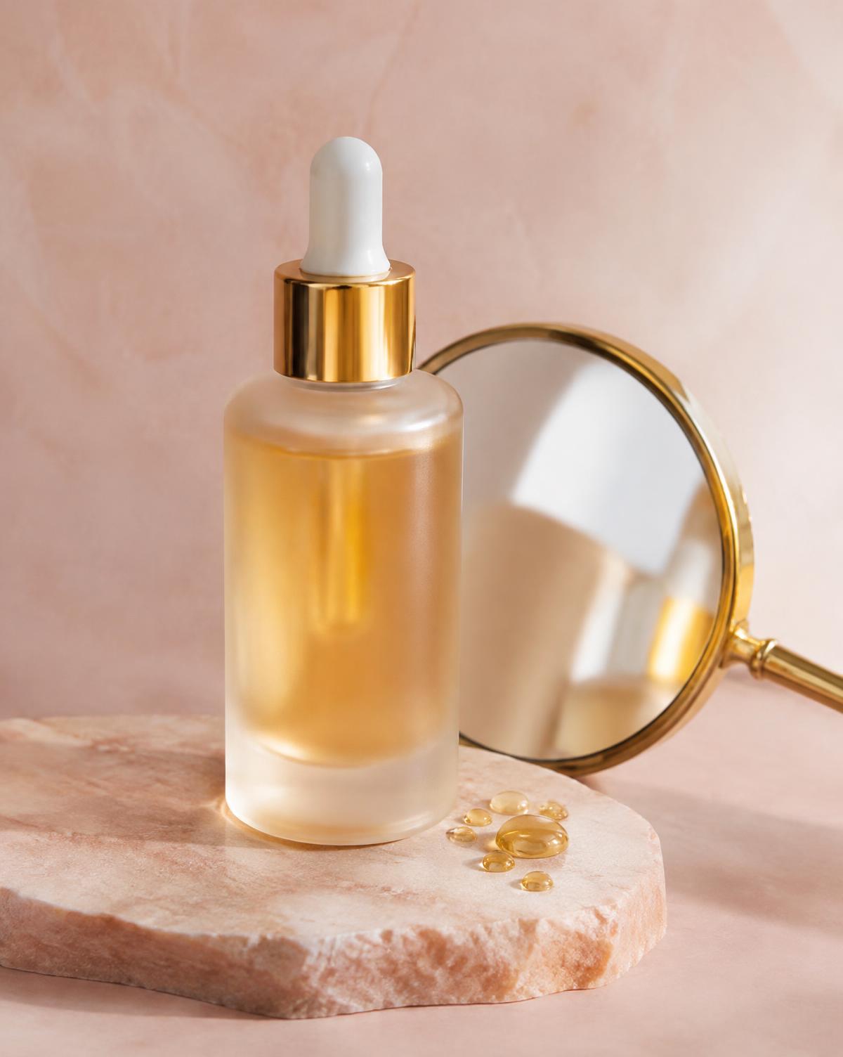 Golden serum bottle and mirror