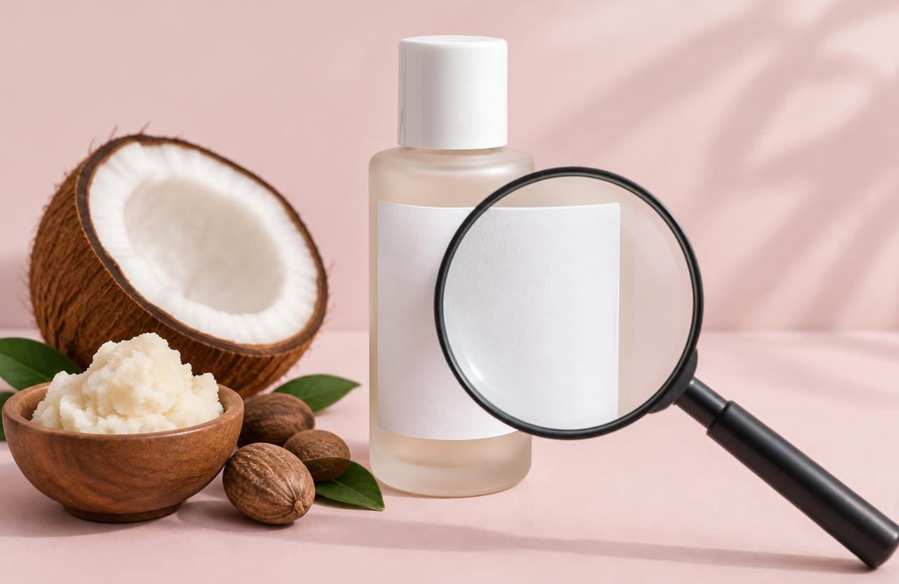 Skincare bottle with magnifying glass and coconut