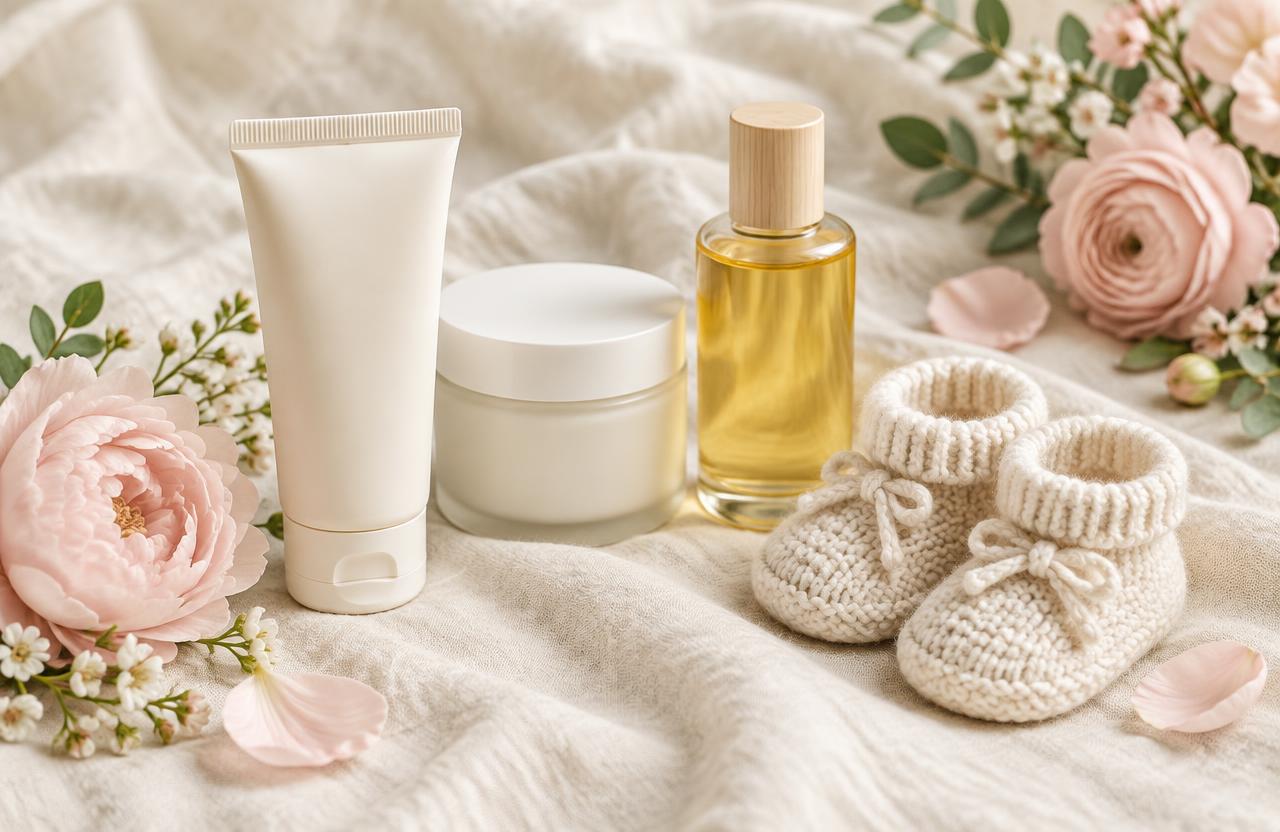 Fragrance-free skincare beside baby booties