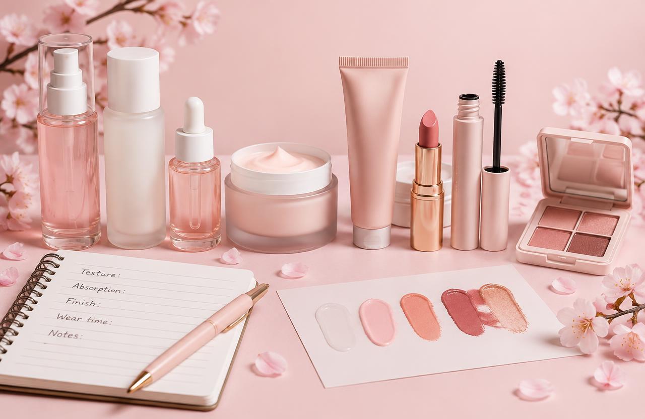 Products lined up with a testing notebook