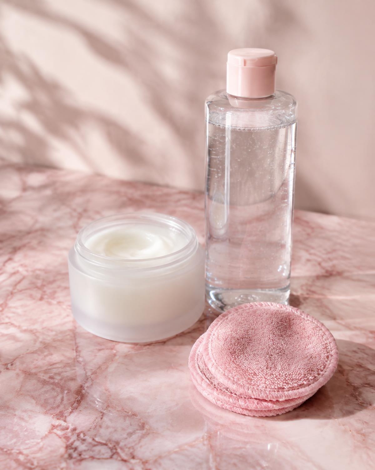 Cleansing balm jar, micellar water and reusable pads on pink marble