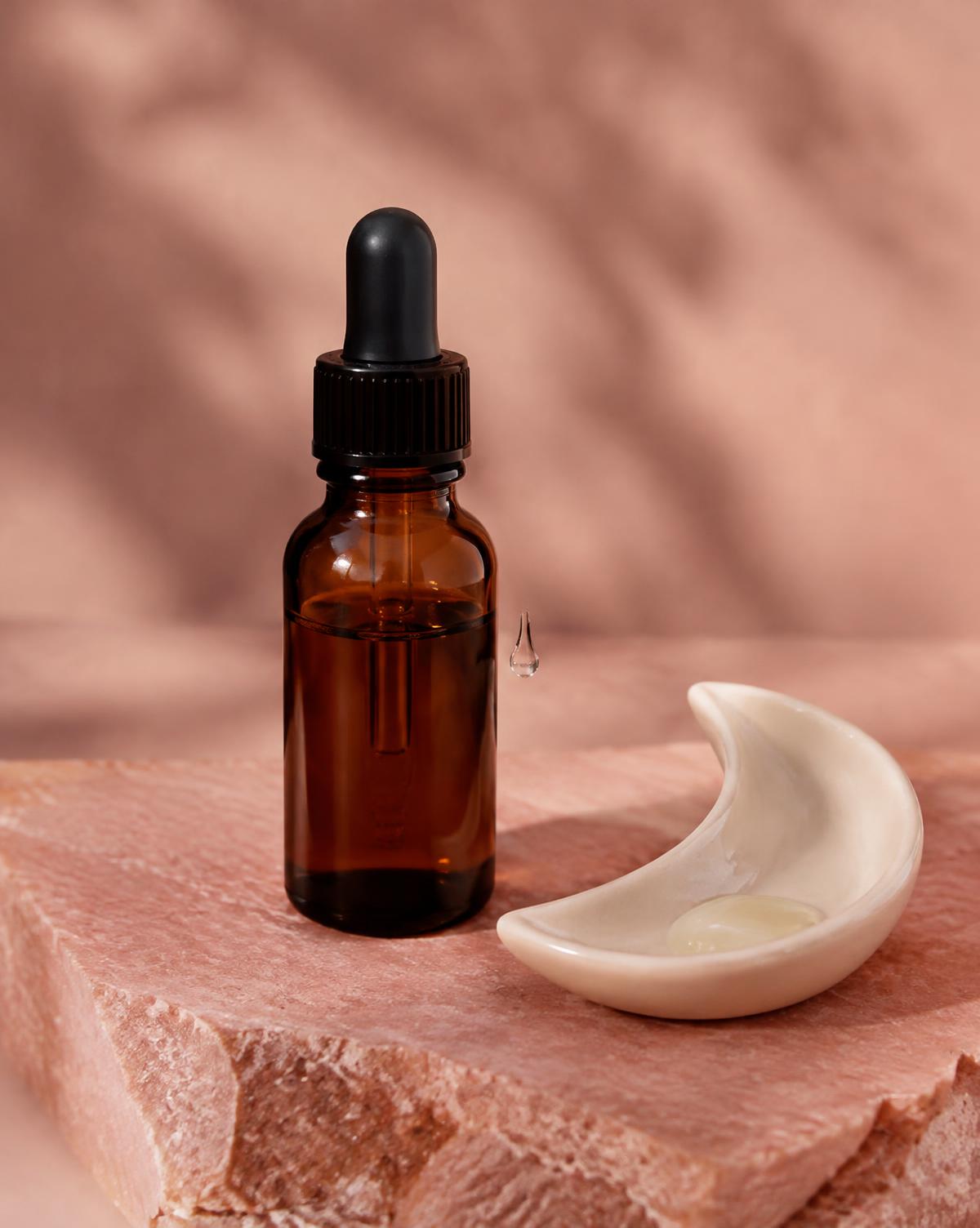 Amber retinol serum bottle beside a moon dish