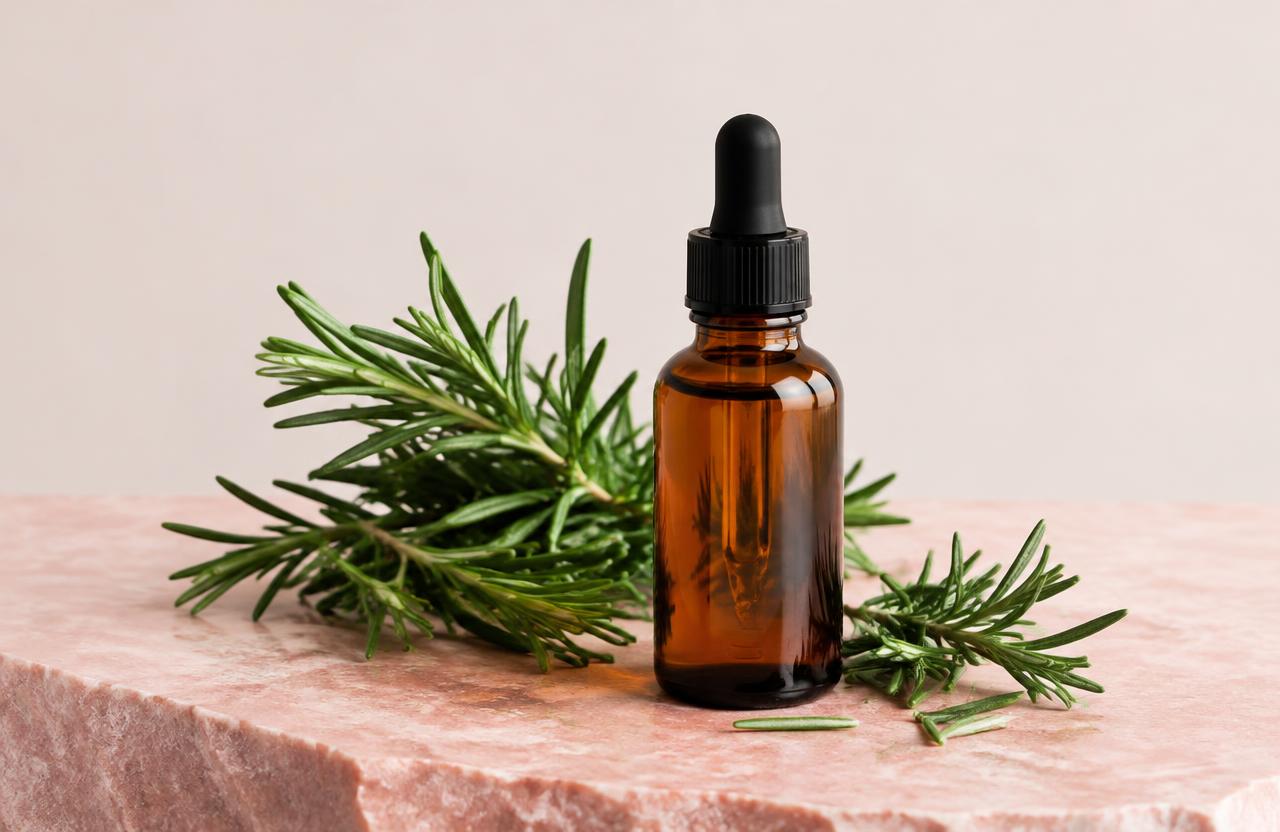 Amber dropper bottle with fresh rosemary