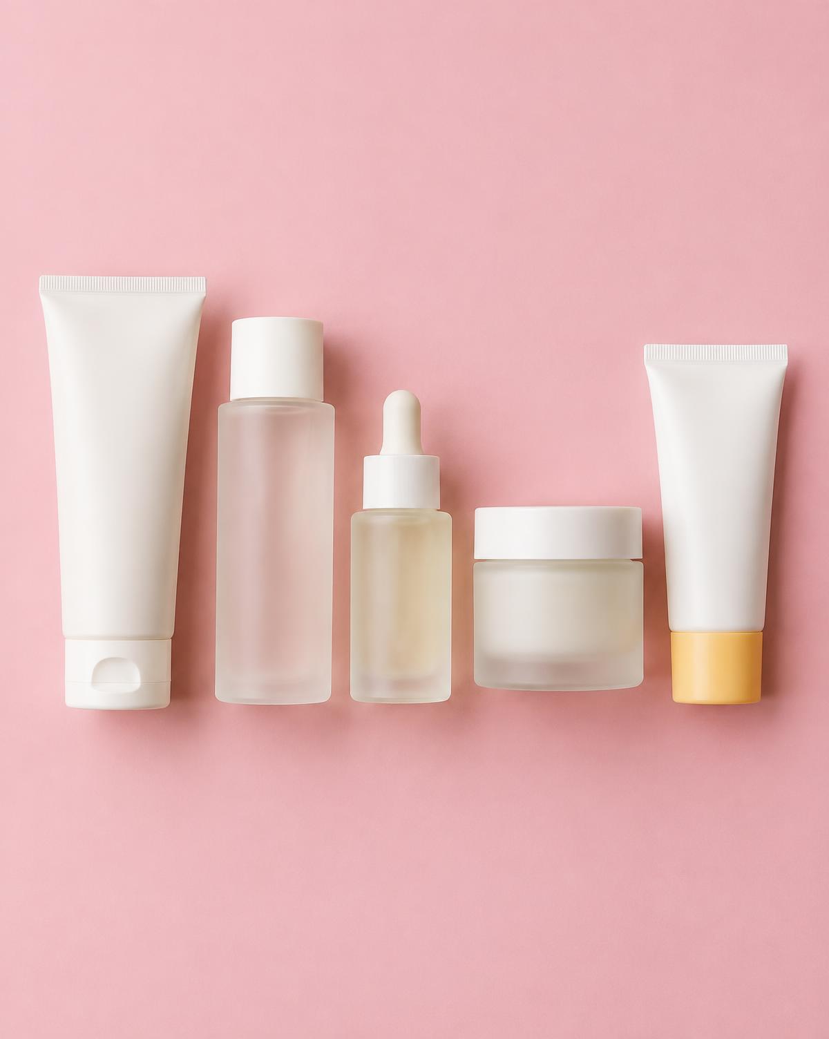 Five unbranded skincare products in a row on pink