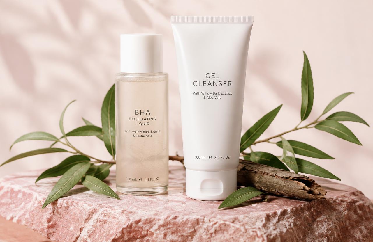 BHA liquid and gel cleanser with willow leaves