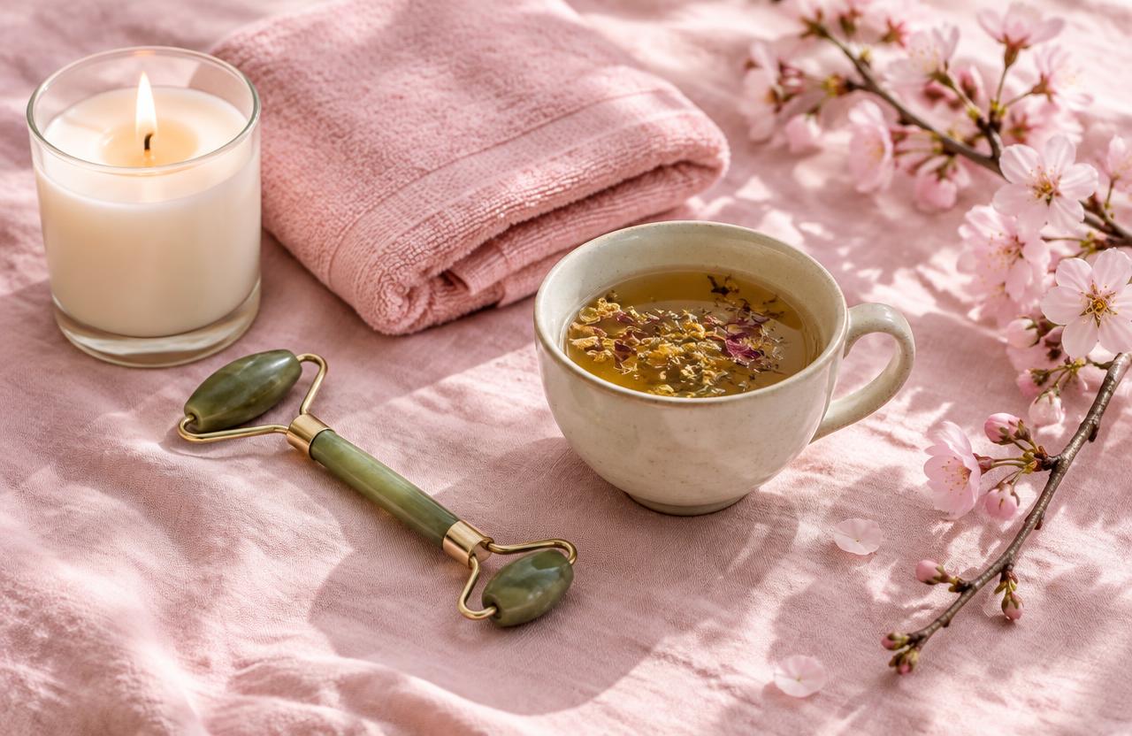 Candle, tea and jade roller on pink linen