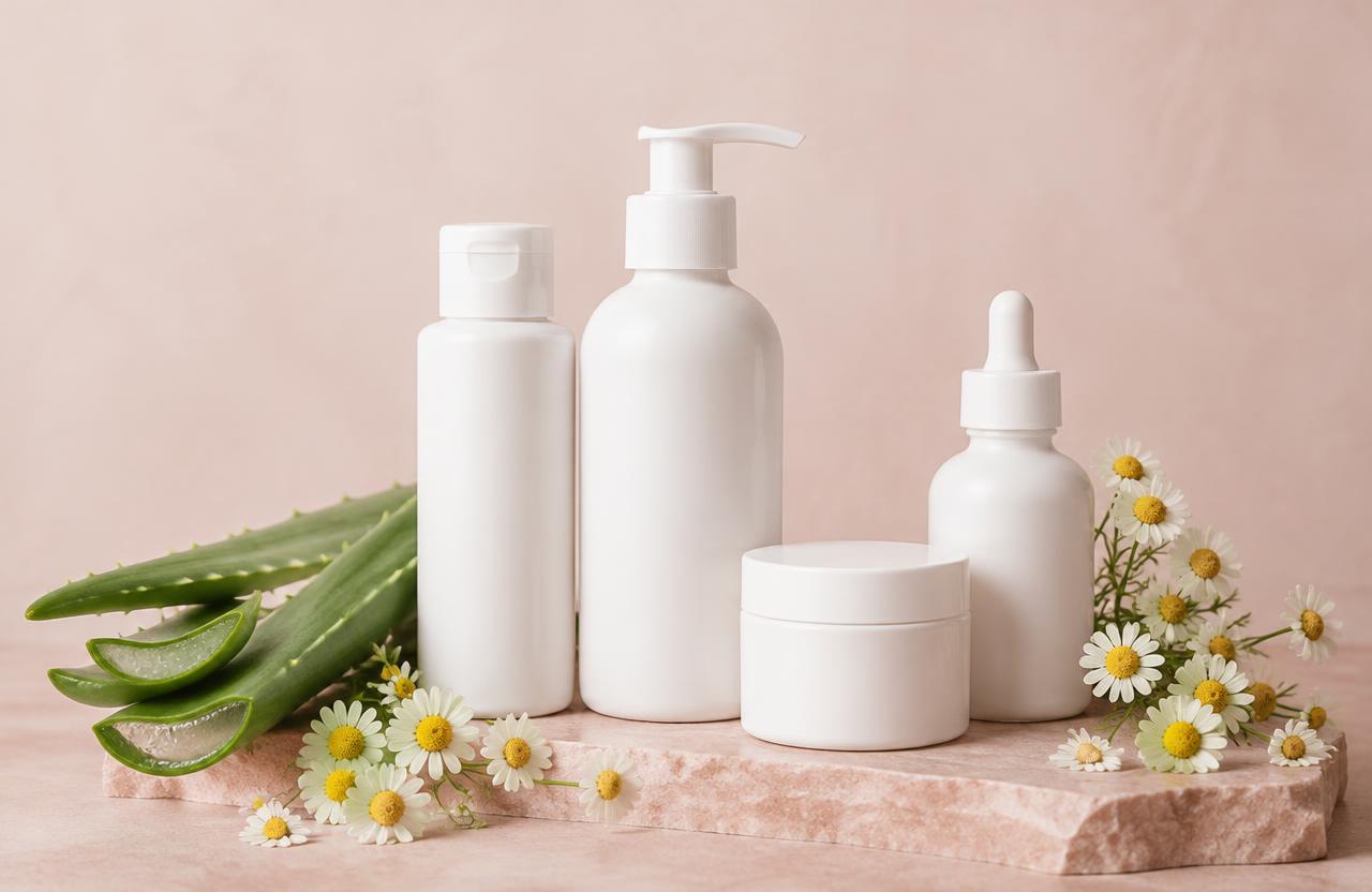 Plain white skincare bottles with aloe
