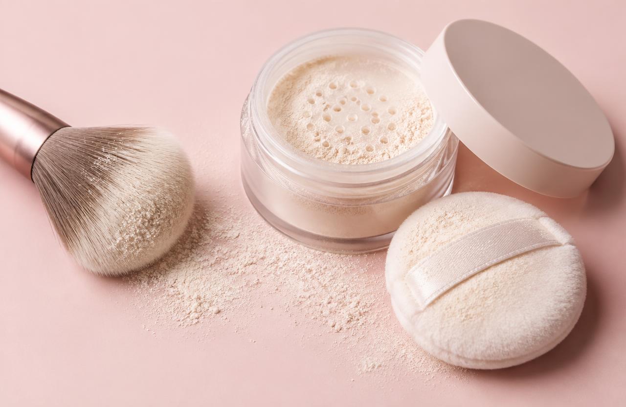 Loose powder jar with brush and puff