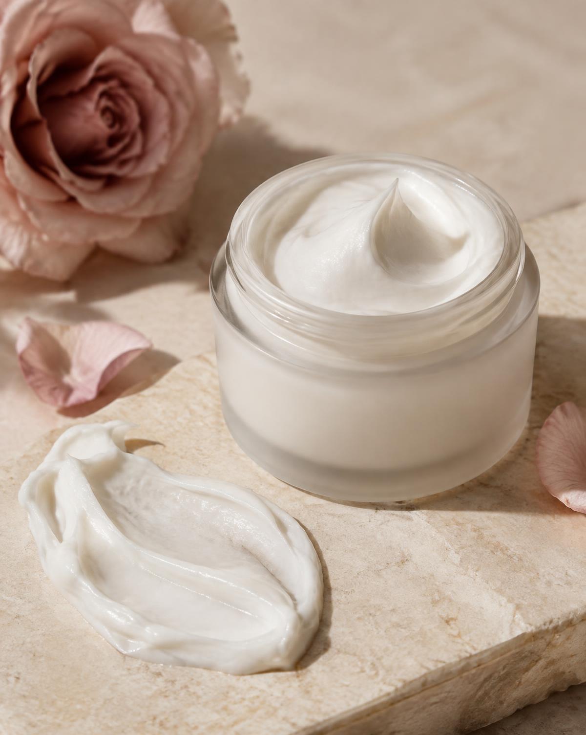 Barrier cream in a frosted jar beside a rose