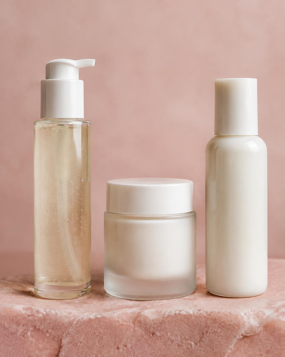 Gel, cream and lotion bottles in a row