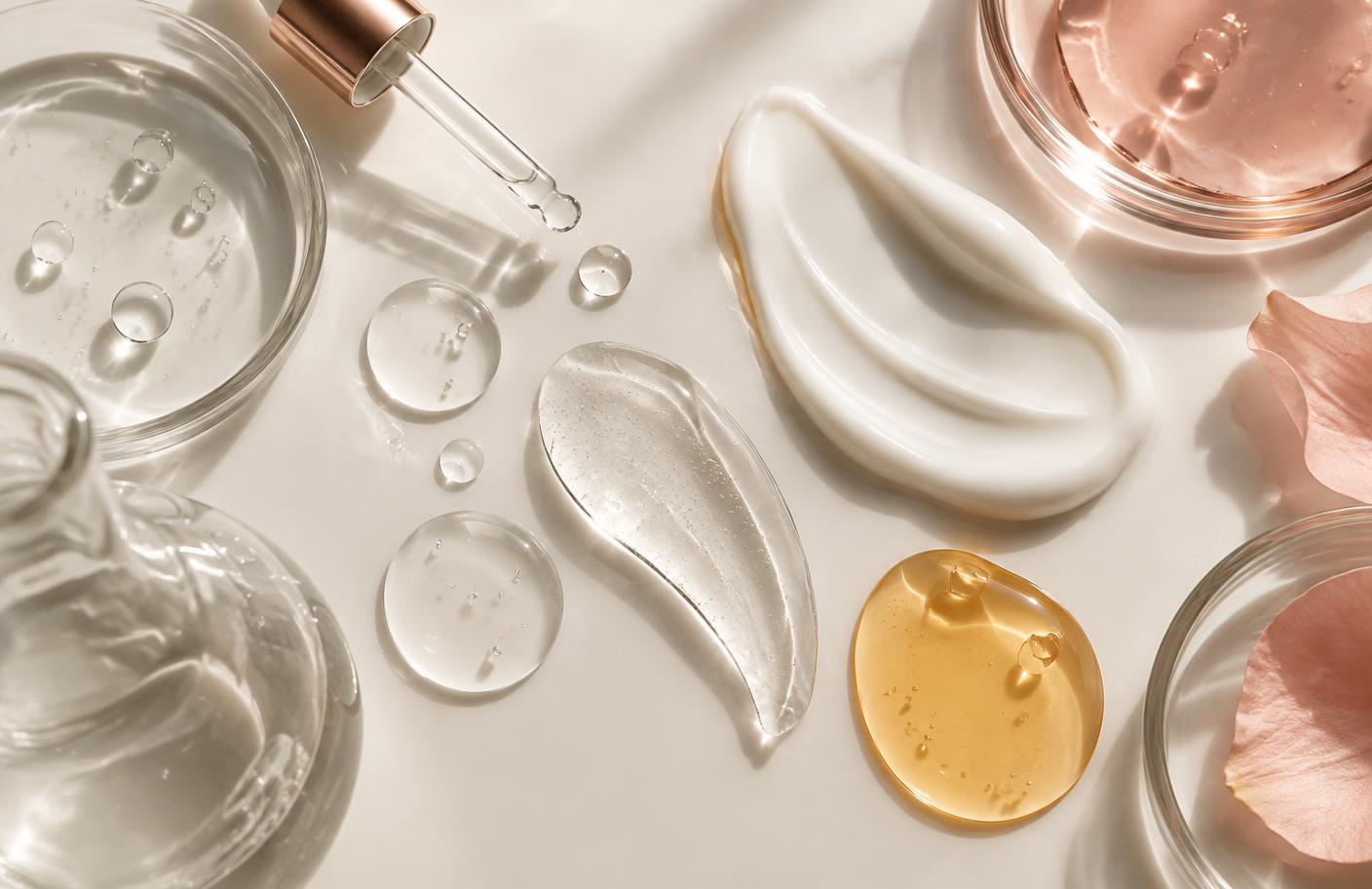 Serum, gel and cream textures arranged with laboratory glassware