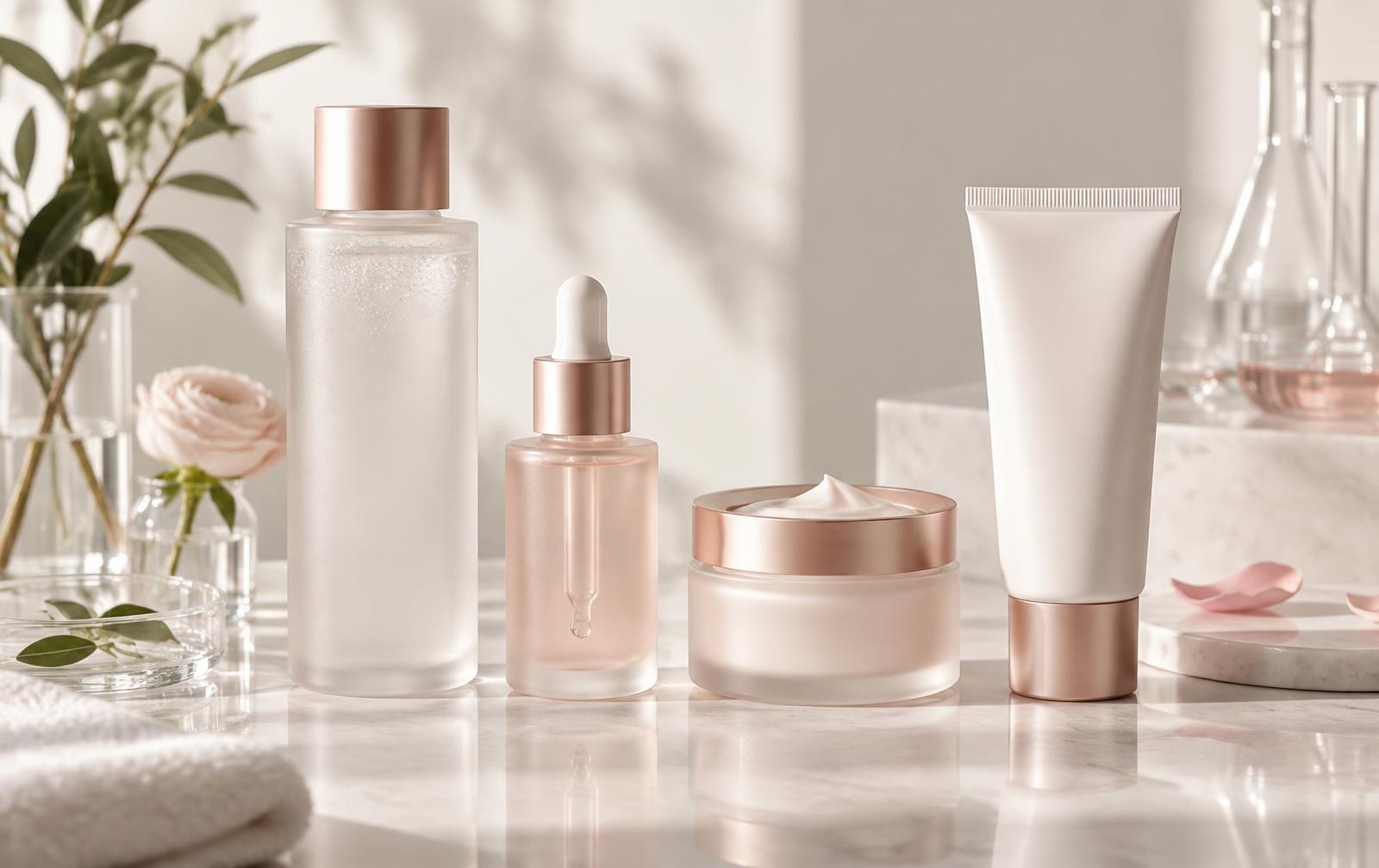 Unbranded cleanser, serum, moisturiser and sunscreen on a bright clinical surface