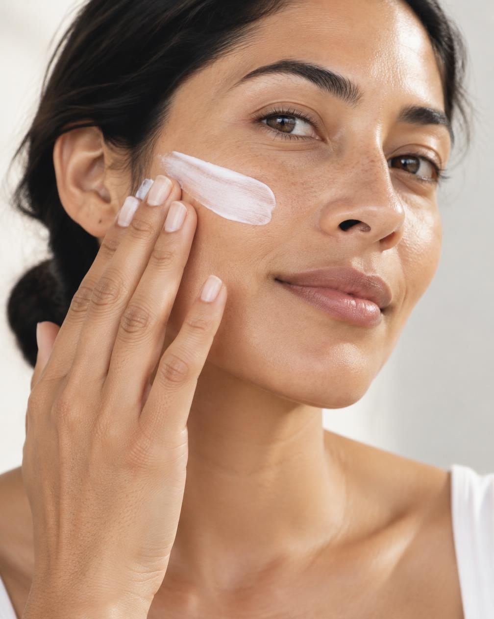 Woman applying an even layer of sunscreen to her cheek